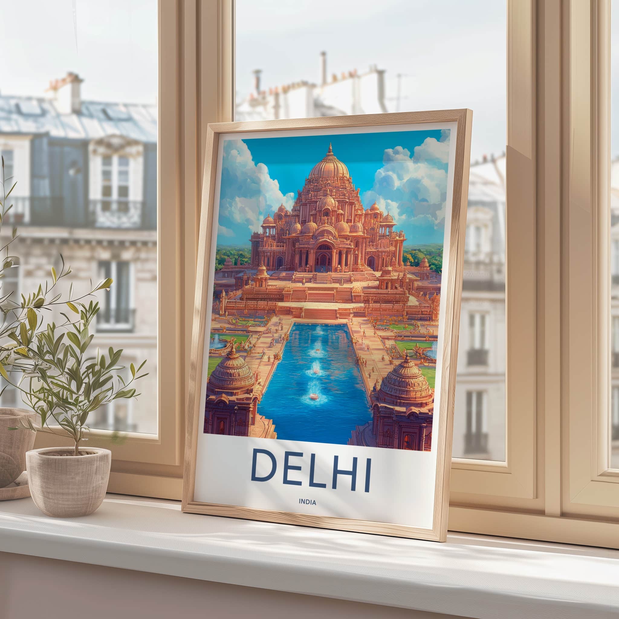 Delhi Poster - India Travel Art - Delhi Ornate Temple Waterway Wall Decor