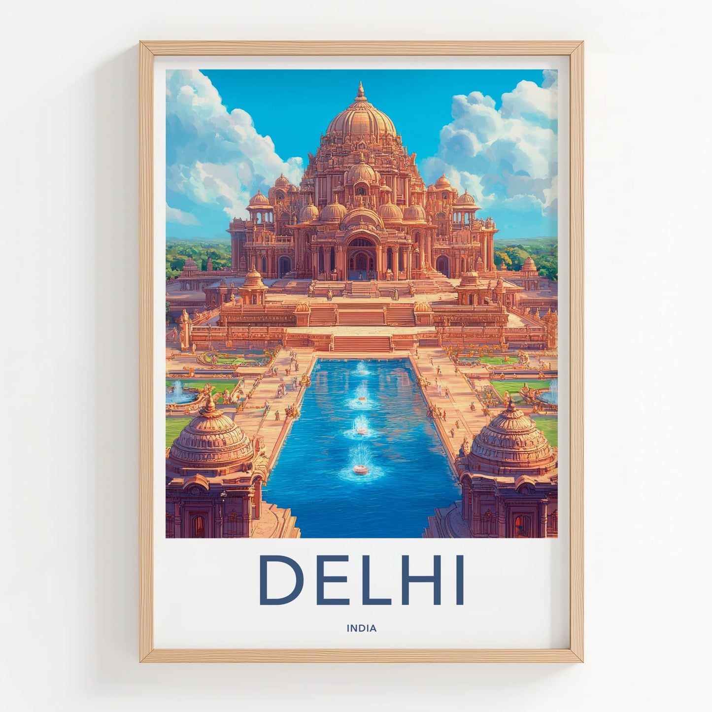 Delhi Poster - India Travel Art - Delhi Ornate Temple Waterway Wall Decor