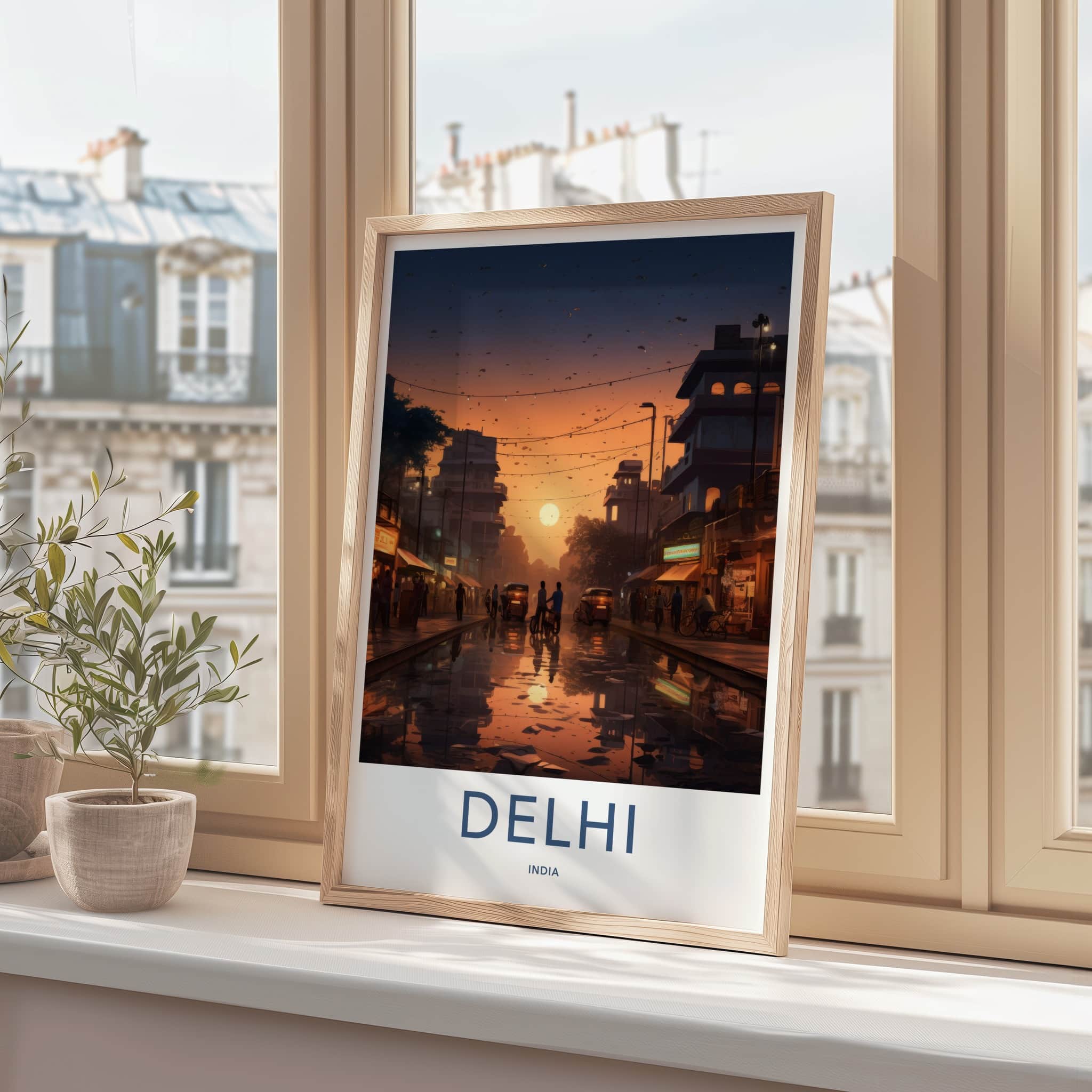 Delhi Poster - India Wall Art - Delhi Street Sunset Reflections Home Decor