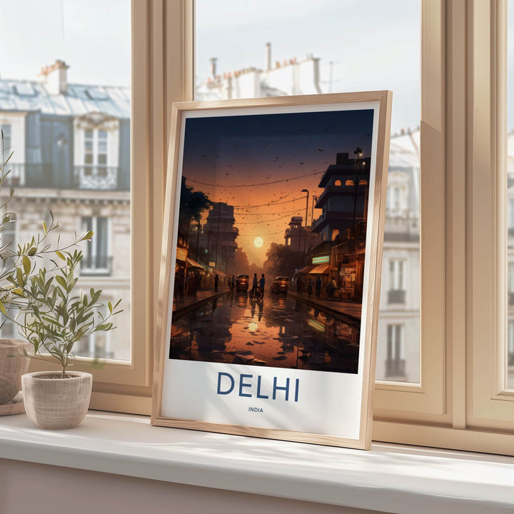 Delhi Poster - India Wall Art - Delhi Street Sunset Reflections Home Decor