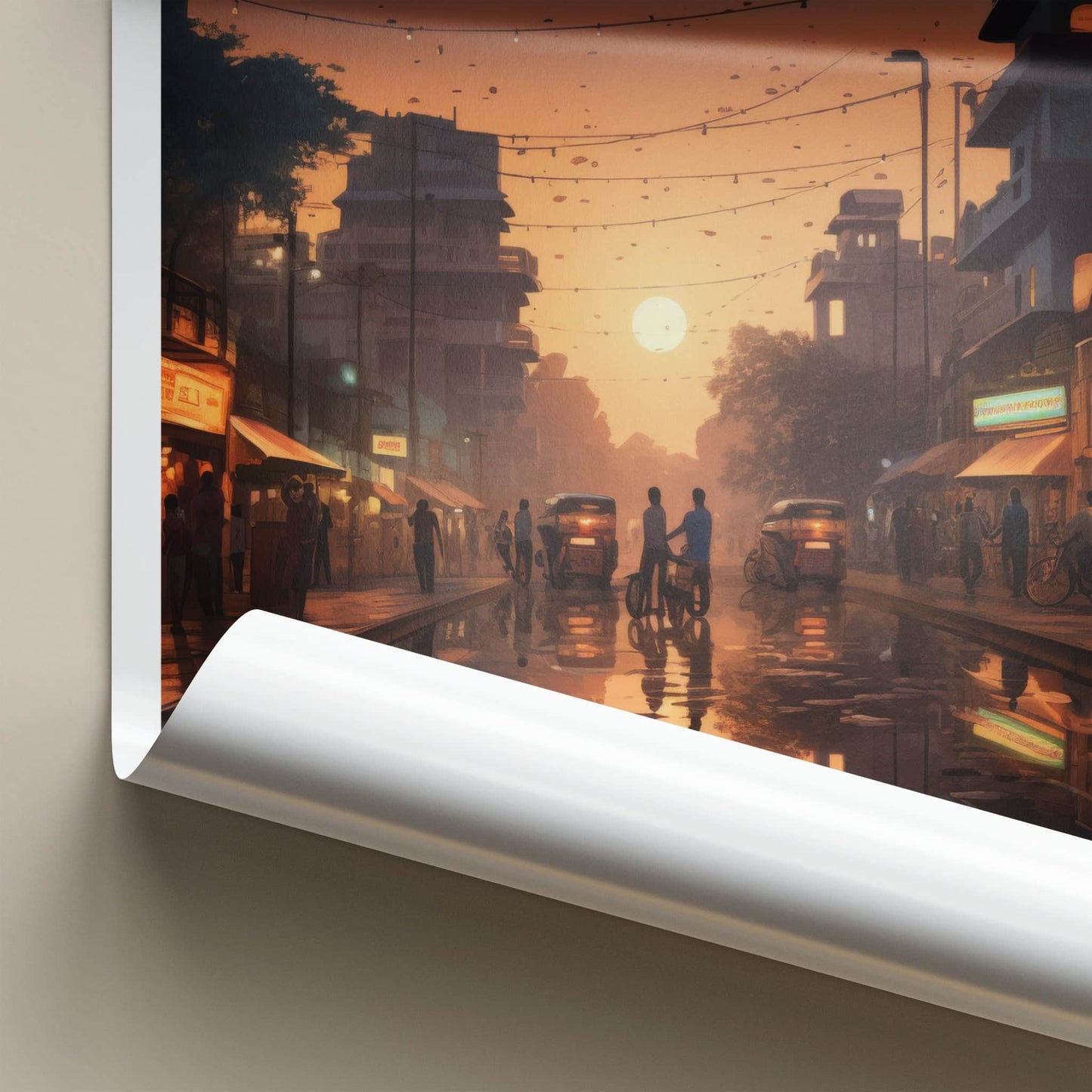Delhi Poster - India Wall Art - Delhi Street Sunset Reflections Home Decor