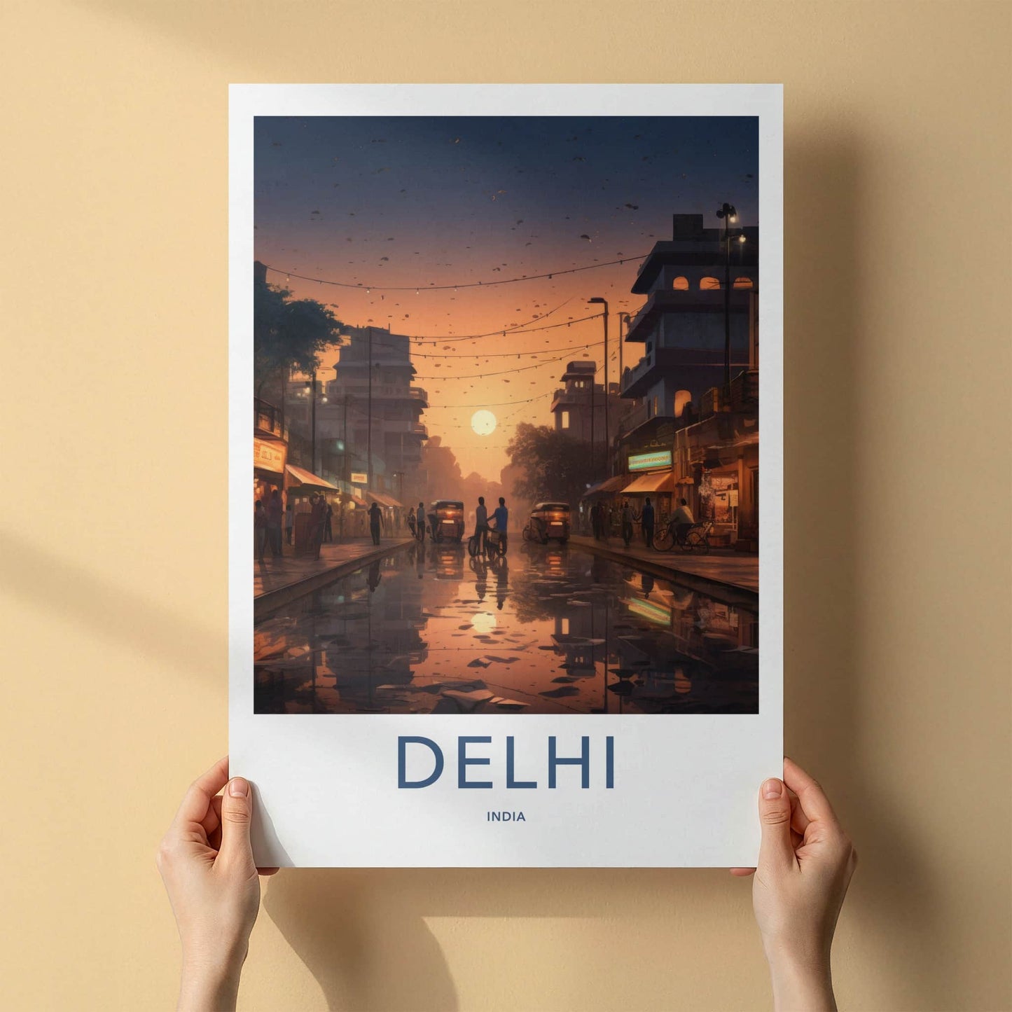 Delhi Poster - India Wall Art - Delhi Street Sunset Reflections Home Decor