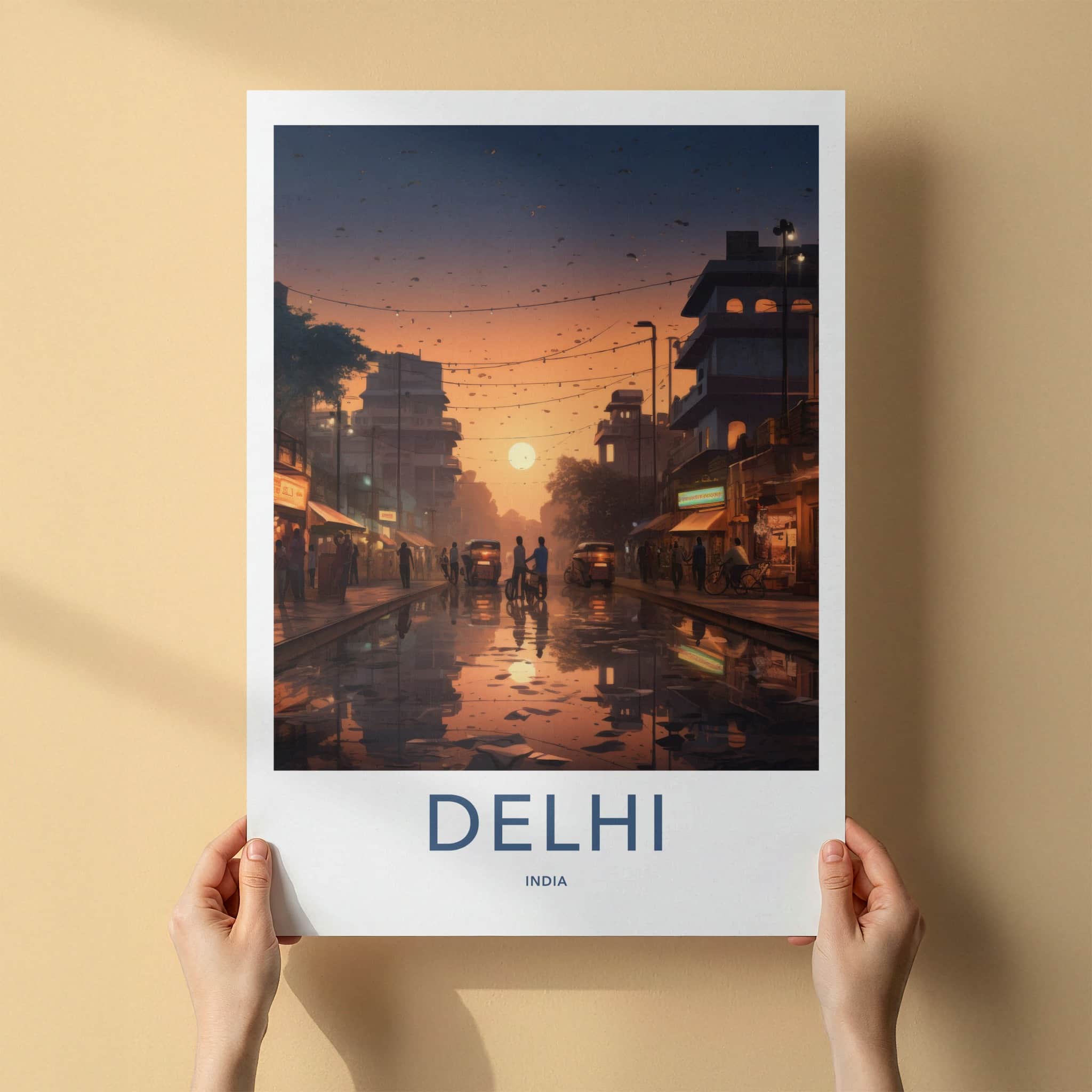 Delhi Poster - India Wall Art - Delhi Street Sunset Reflections Home Decor