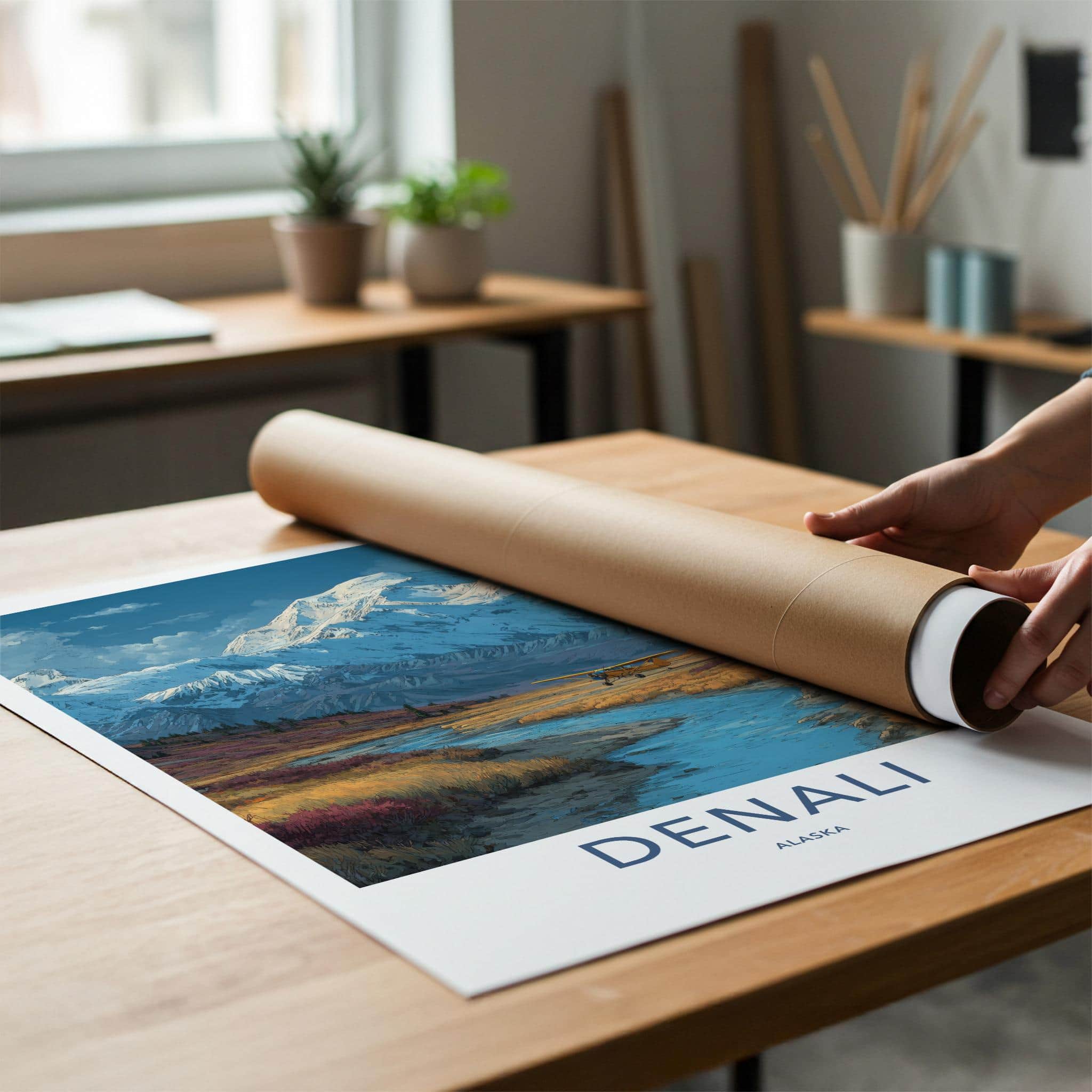 Denali Poster - Alaska Travel Art - Plane River Mountains Home Decor
