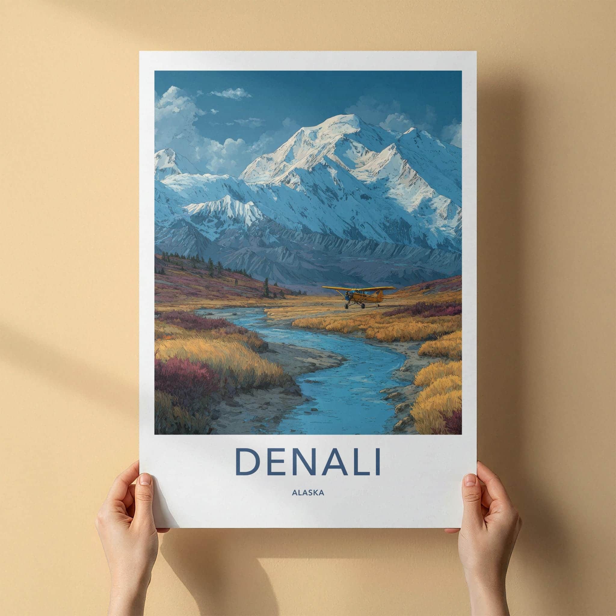 Denali Poster - Alaska Travel Art - Plane River Mountains Home Decor