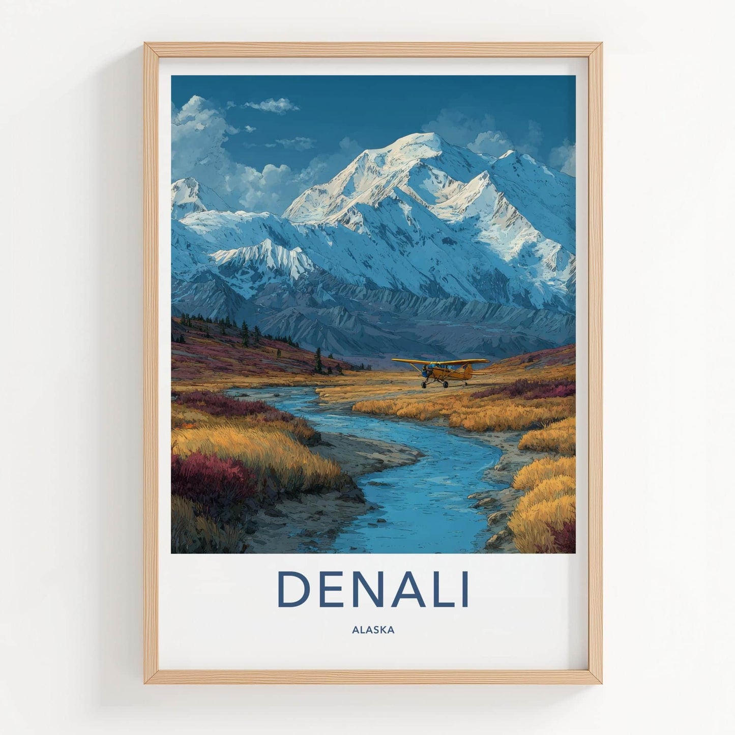 Denali Poster - Alaska Travel Art - Plane River Mountains Home Decor
