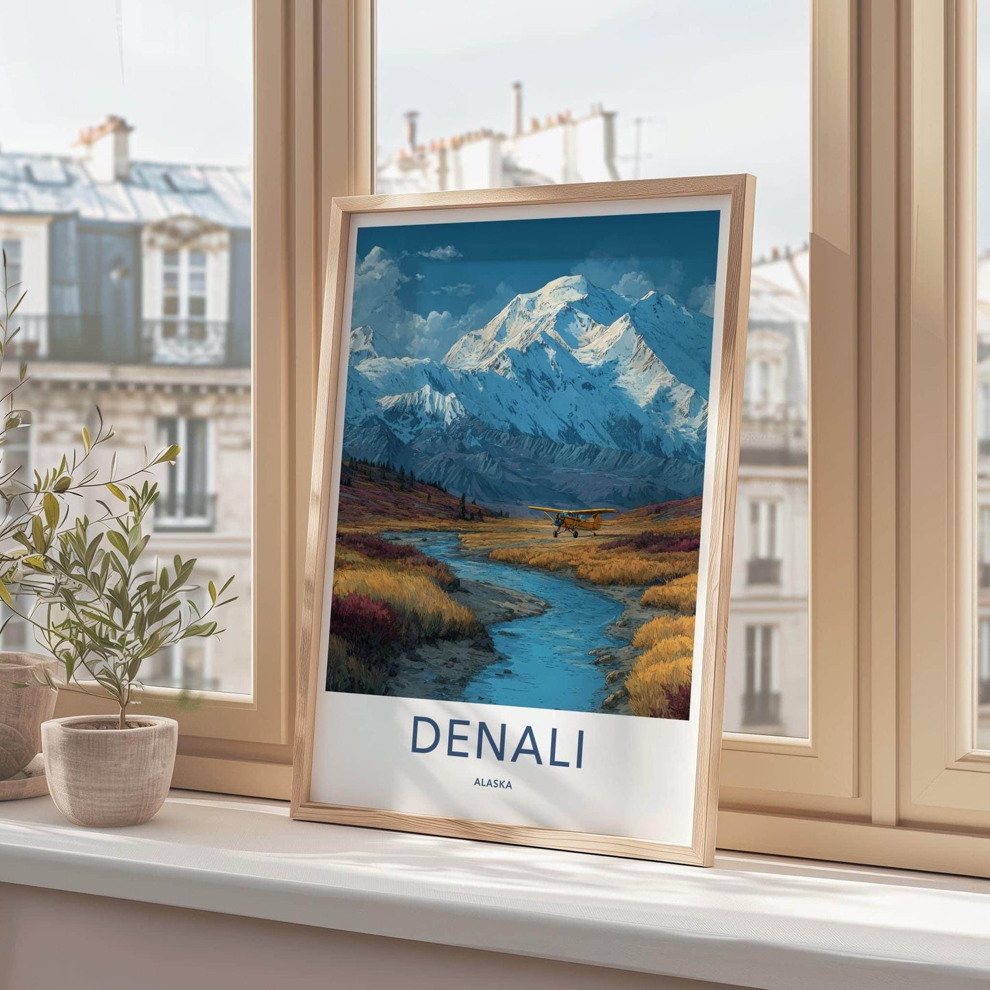 Denali Poster - Alaska Travel Art - Plane River Mountains Home Decor
