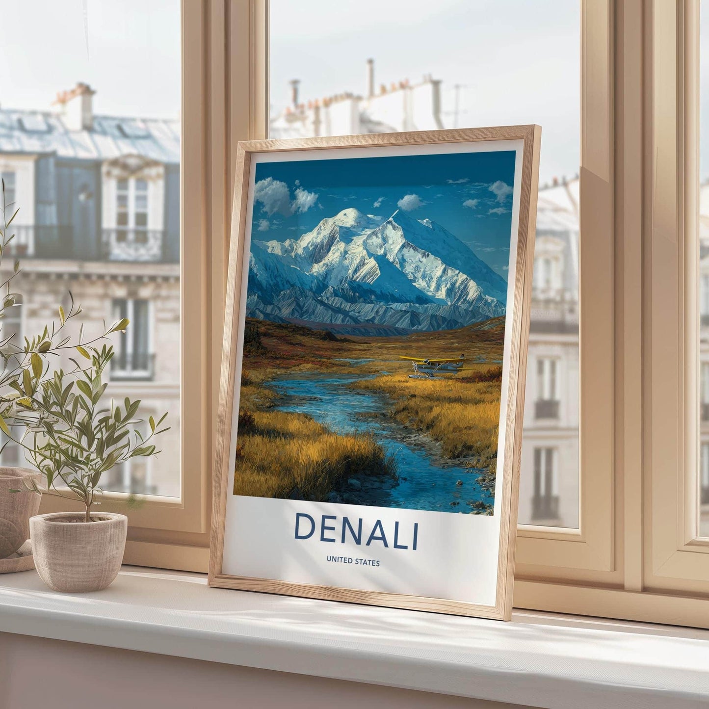 Denali Poster - Alaska Travel Art - Snowy Peak Floatplane Home Decor