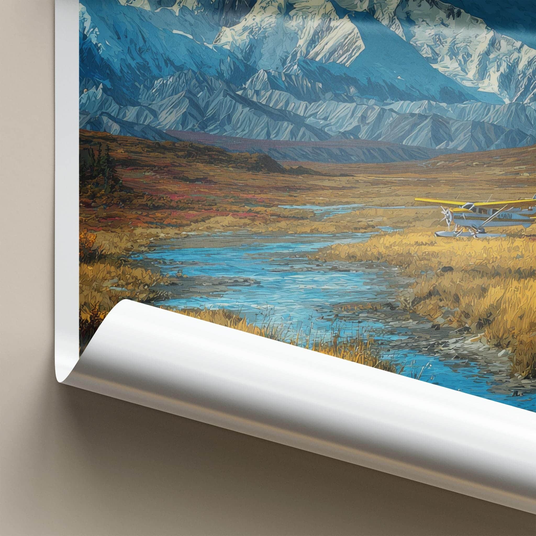 Denali Poster - Alaska Travel Art - Snowy Peak Floatplane Home Decor