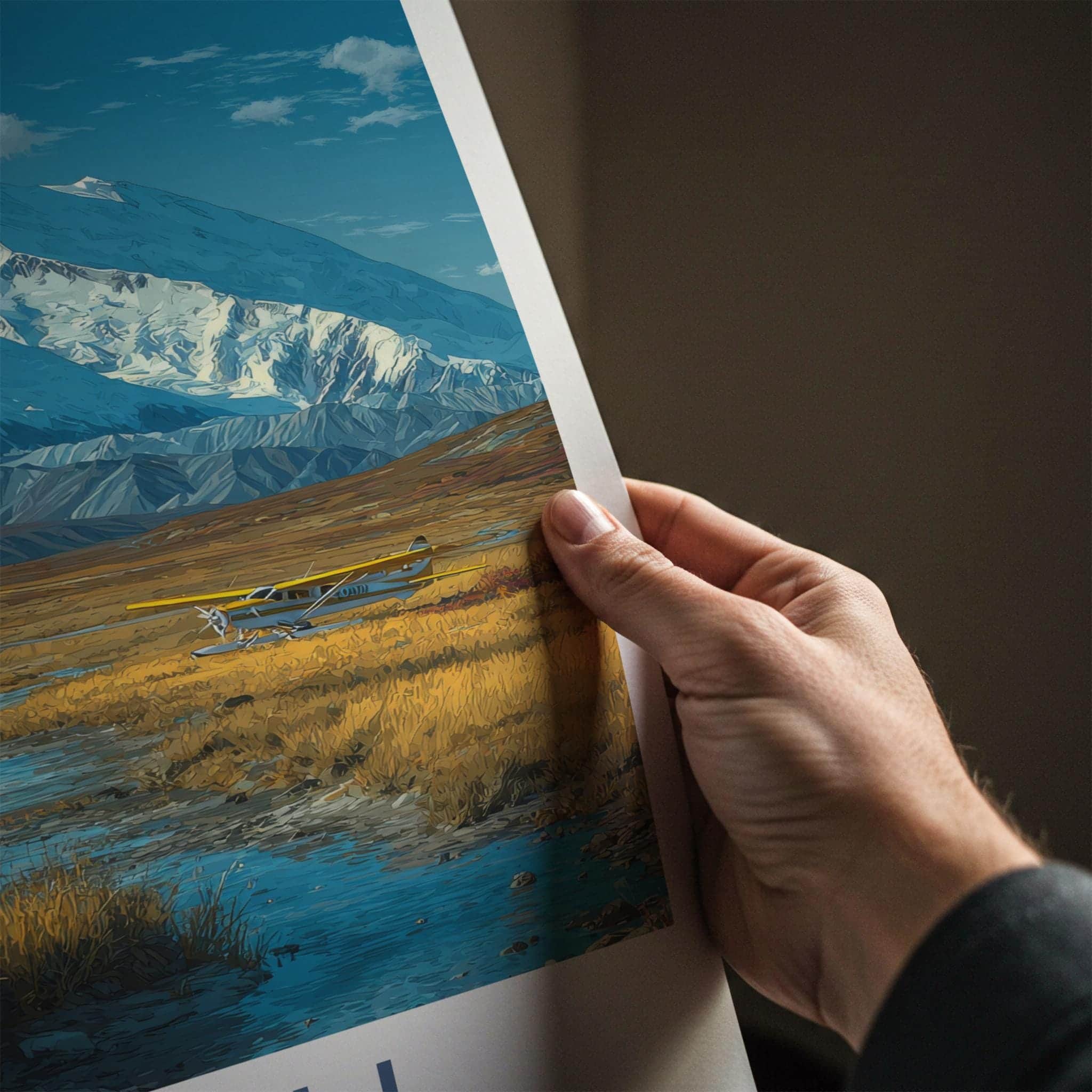 Denali Poster - Alaska Travel Art - Snowy Peak Floatplane Home Decor