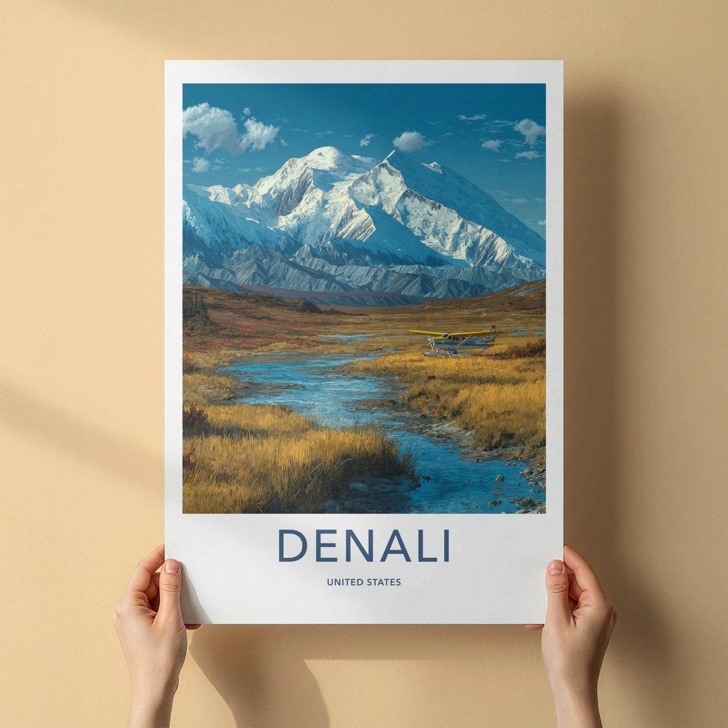 Denali Poster - Alaska Travel Art - Snowy Peak Floatplane Home Decor