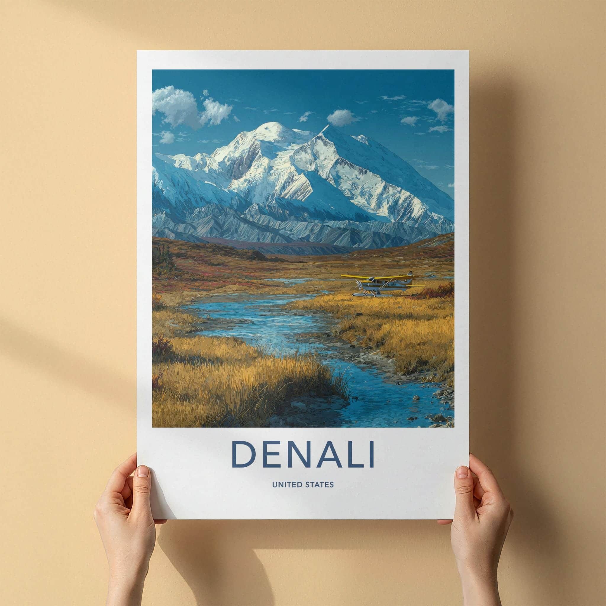 Denali Poster - Alaska Travel Art - Snowy Peak Floatplane Home Decor