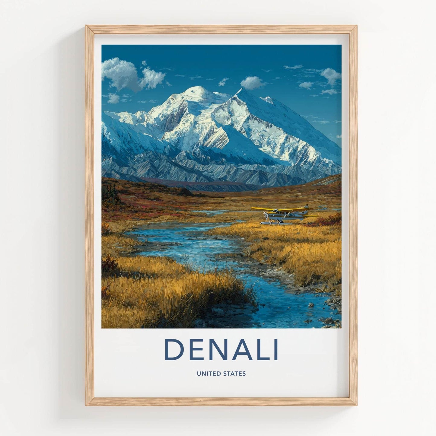 Denali Poster - Alaska Travel Art - Snowy Peak Floatplane Home Decor