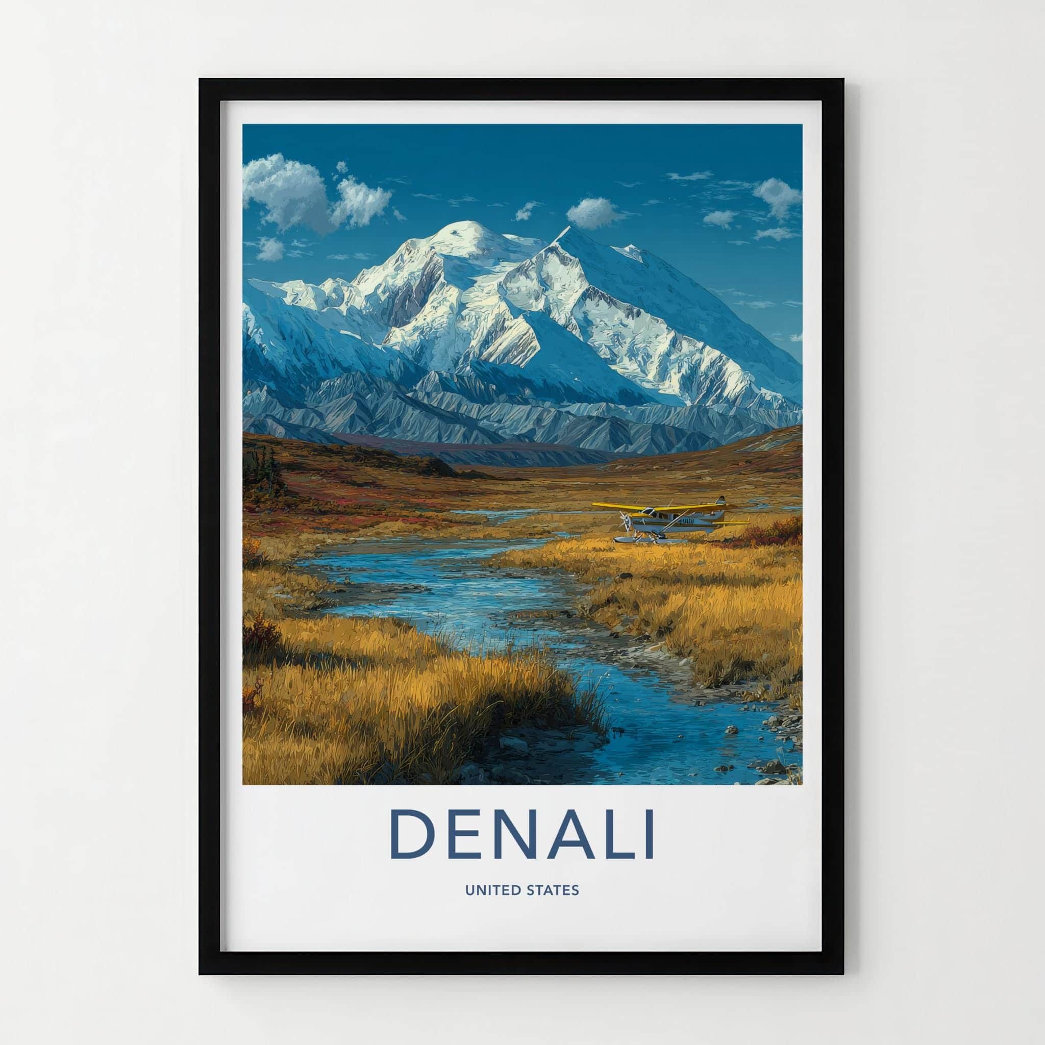 Denali Poster - Alaska Travel Art - Snowy Peak Floatplane Home Decor