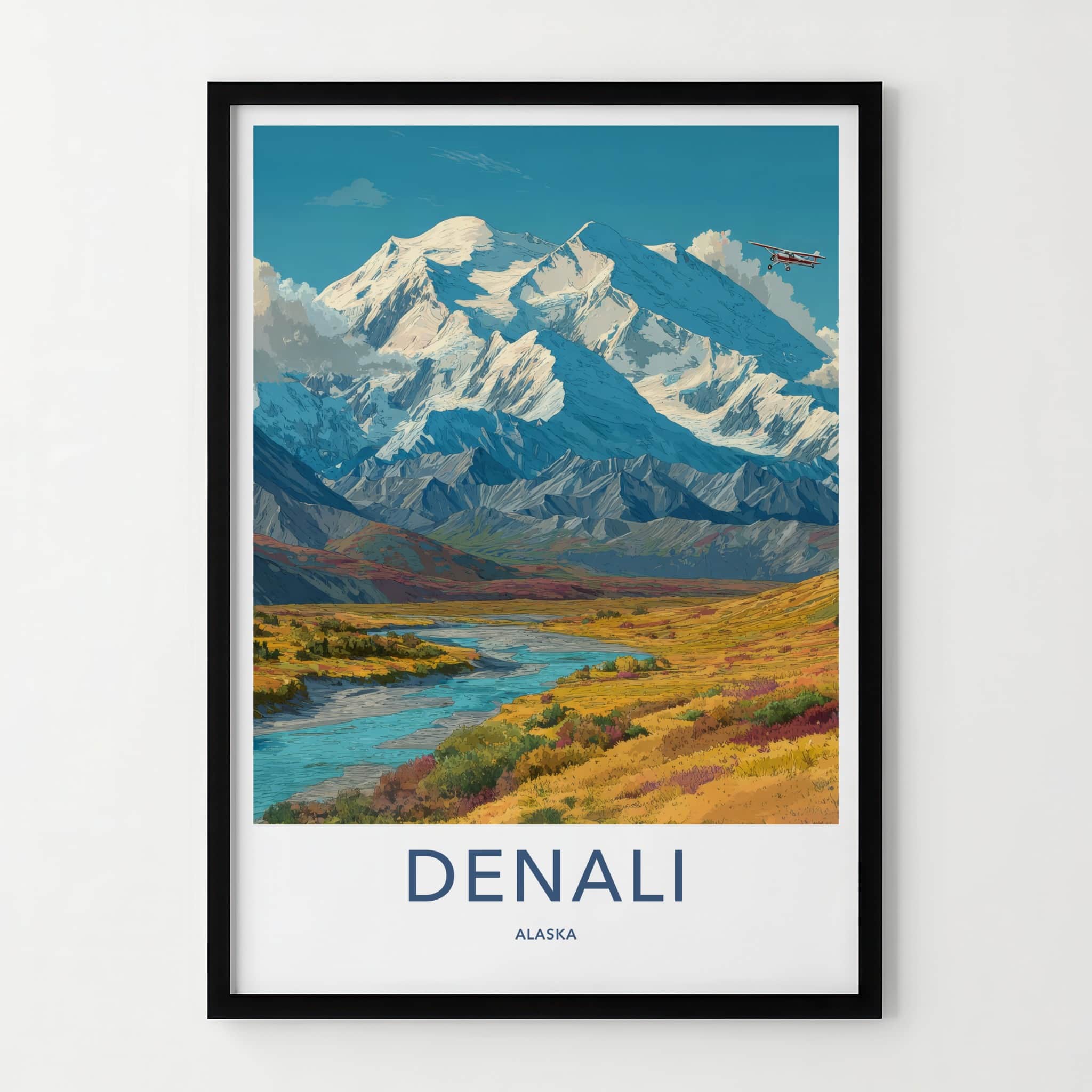 Denali Poster - Alaska Travel Print - Snow Capped Plane Home Decor