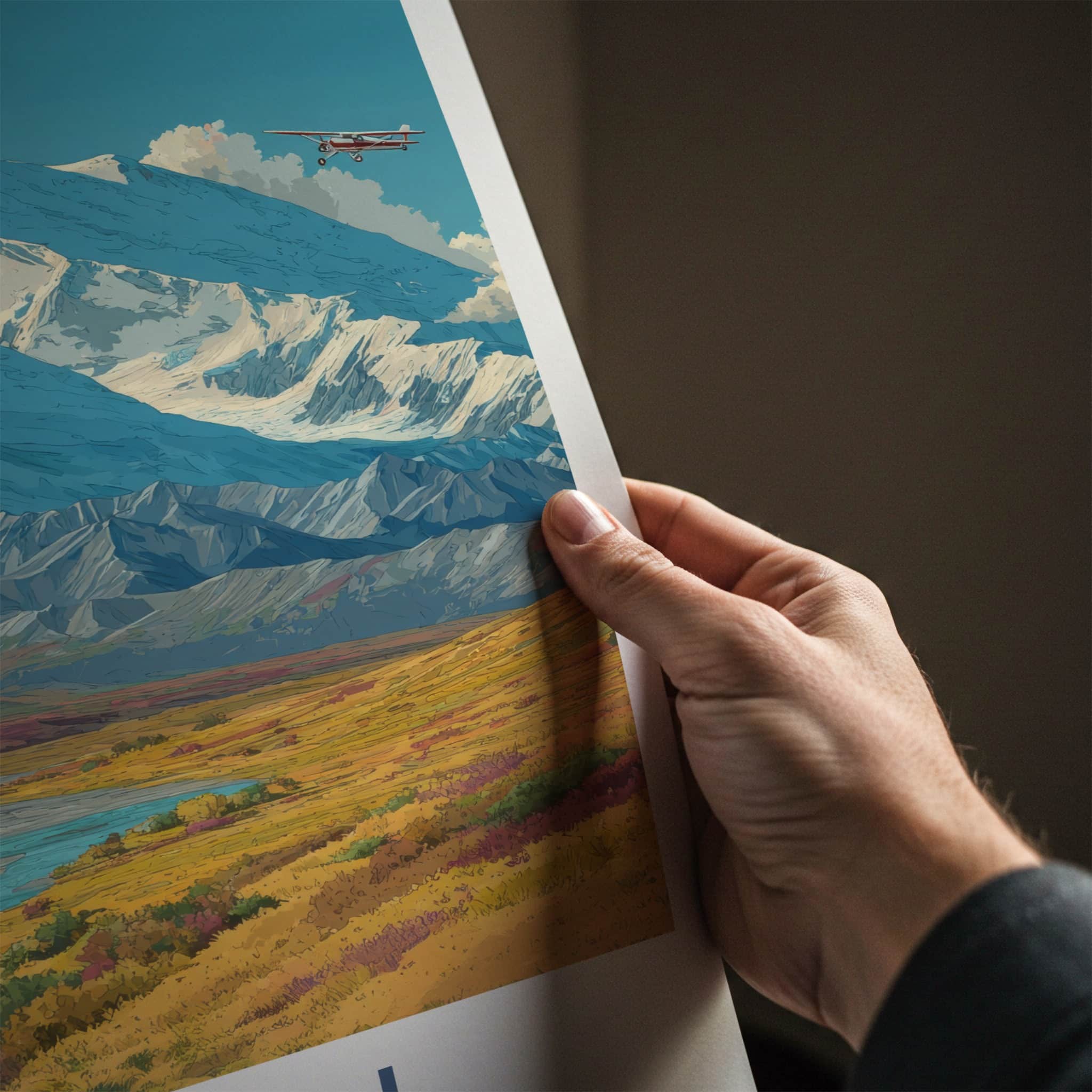 Denali Poster - Alaska Travel Print - Snow Capped Plane Home Decor