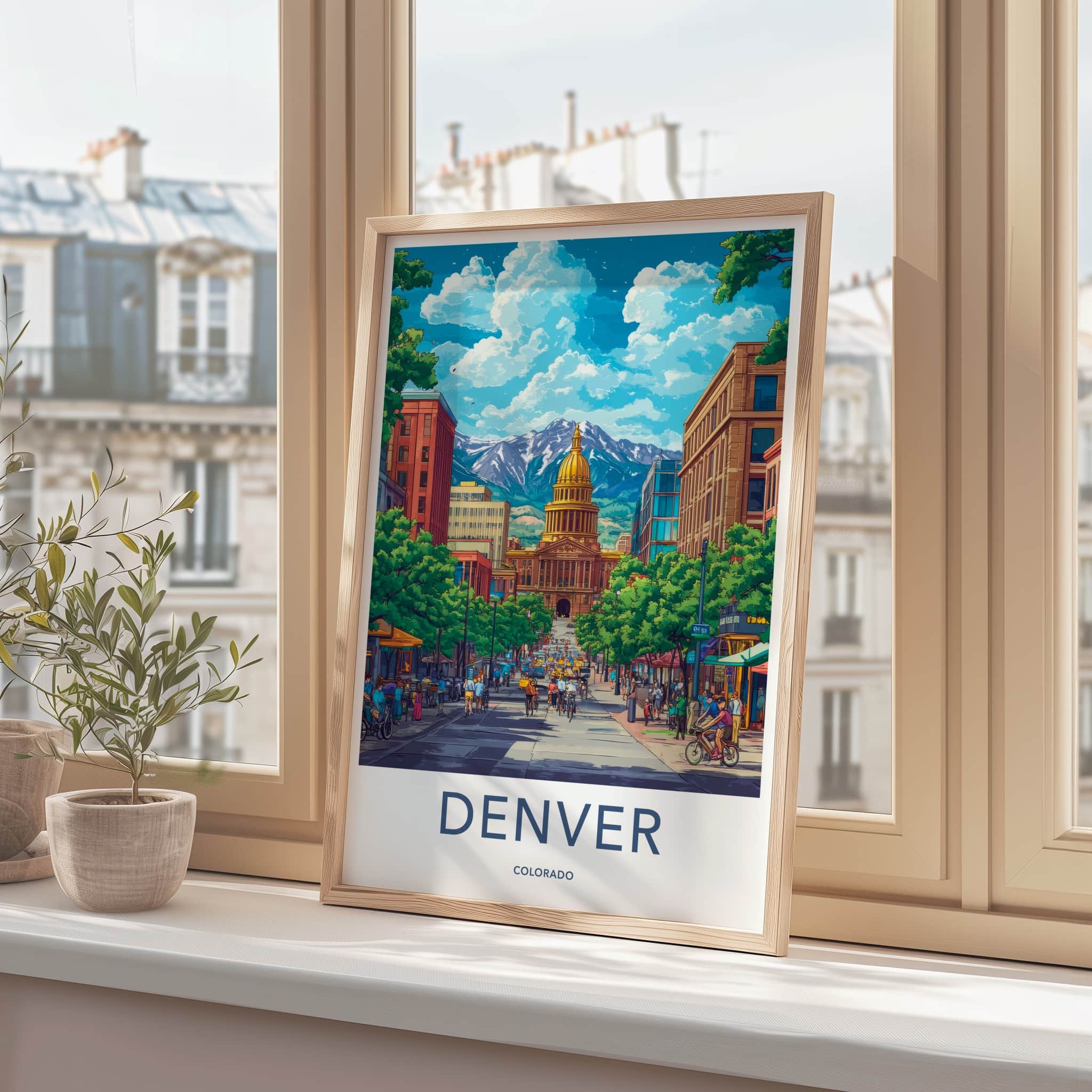 Denver Poster - Colorado Travel Art - Capitol Mountain Street Home Decor