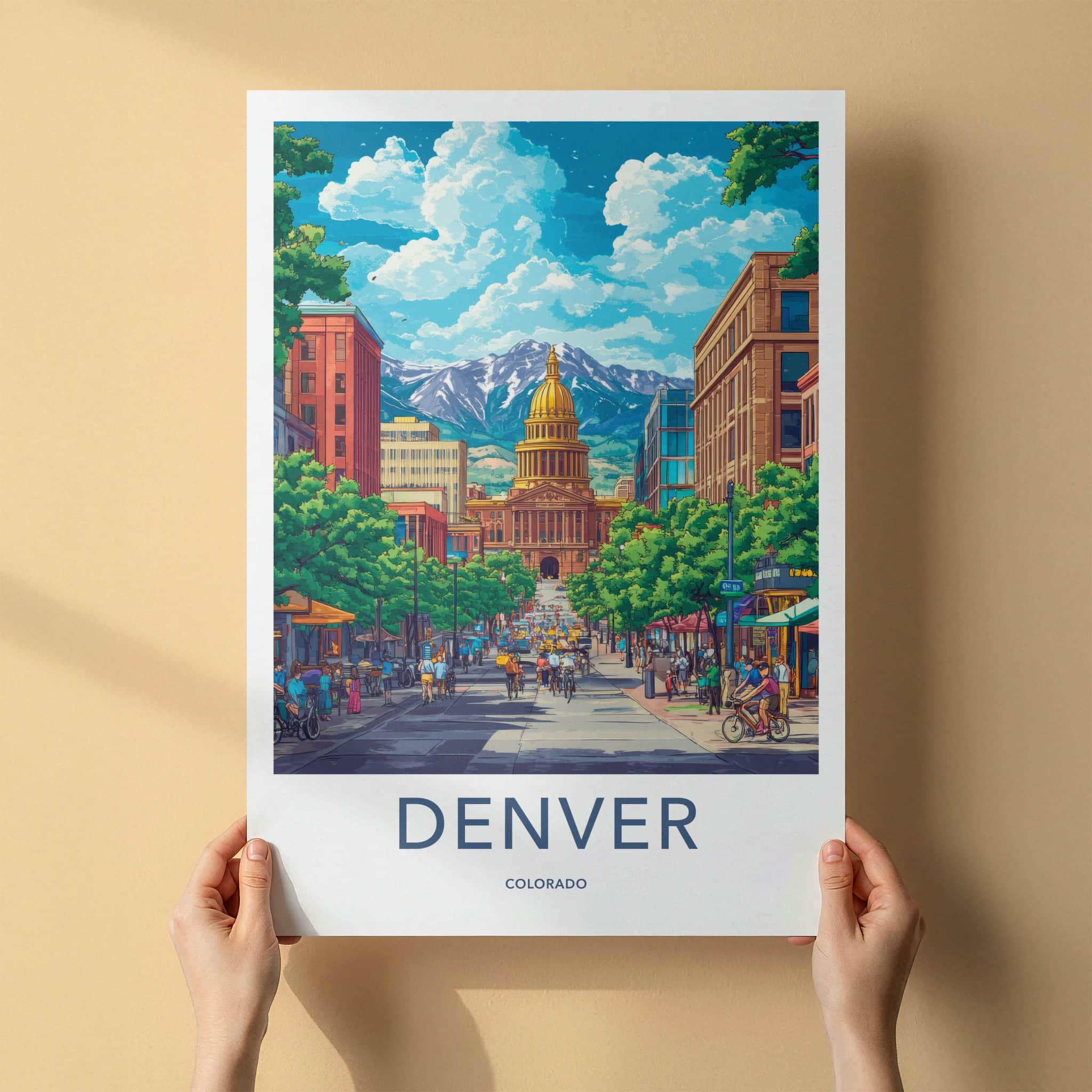Denver Poster - Colorado Travel Art - Capitol Mountain Street Home Decor