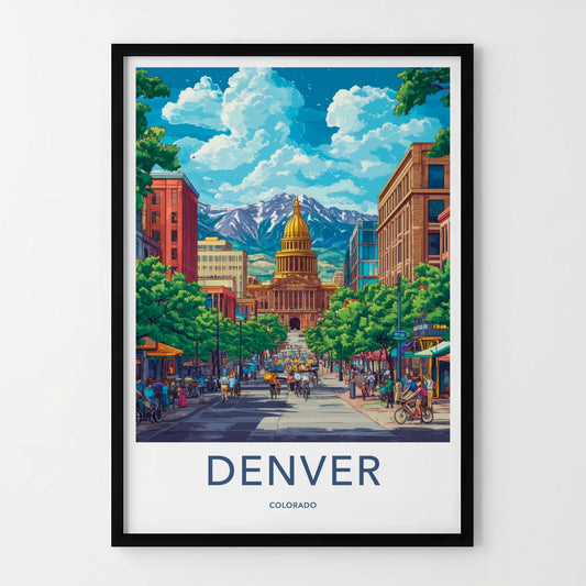 Denver Poster - Colorado Travel Art - Capitol Mountain Street Home Decor