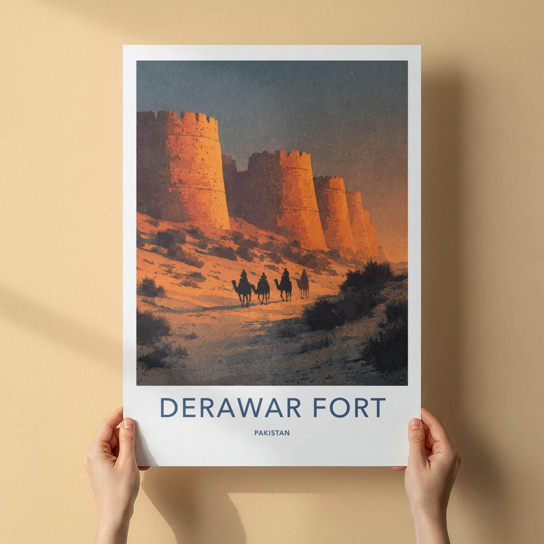 Derawar Fort Poster - Pakistan Travel Art - Desert Camel Caravan Home Decor