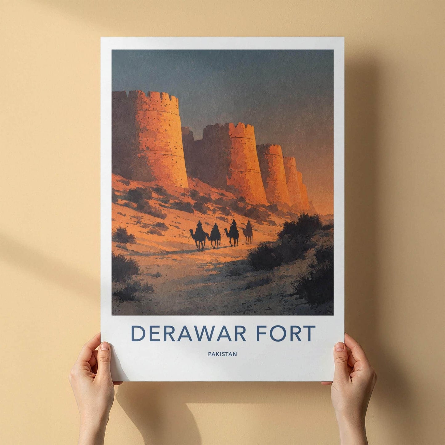 Derawar Fort Poster - Pakistan Travel Art - Desert Camel Caravan Home Decor