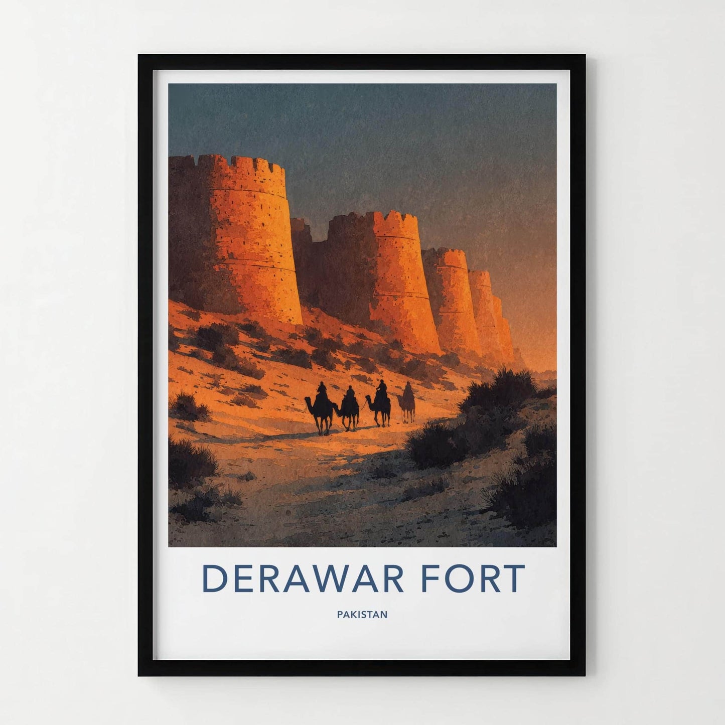 Derawar Fort Poster - Pakistan Travel Art - Desert Camel Caravan Home Decor
