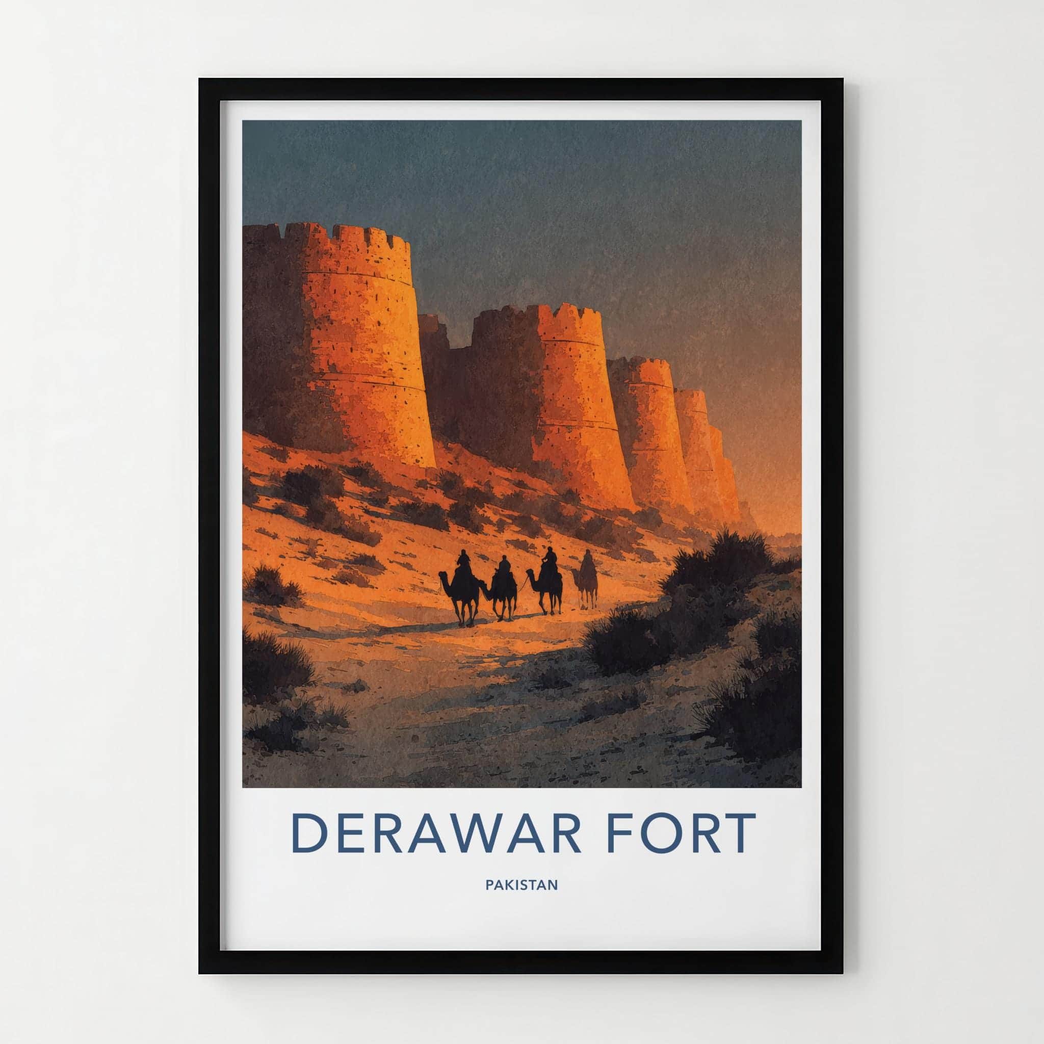 Derawar Fort Poster - Pakistan Travel Art - Desert Camel Caravan Home Decor