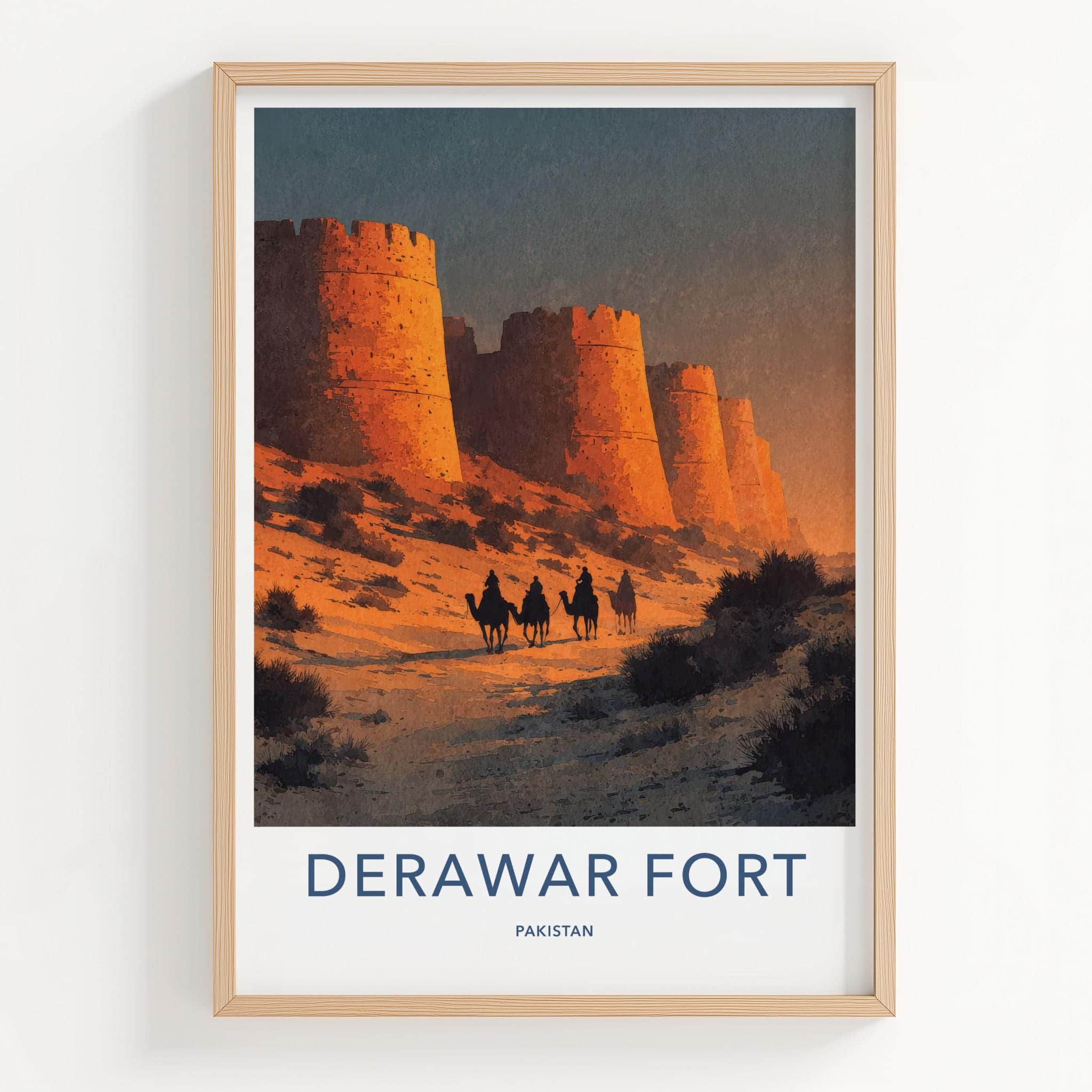 Derawar Fort Poster - Pakistan Travel Art - Desert Camel Caravan Home Decor