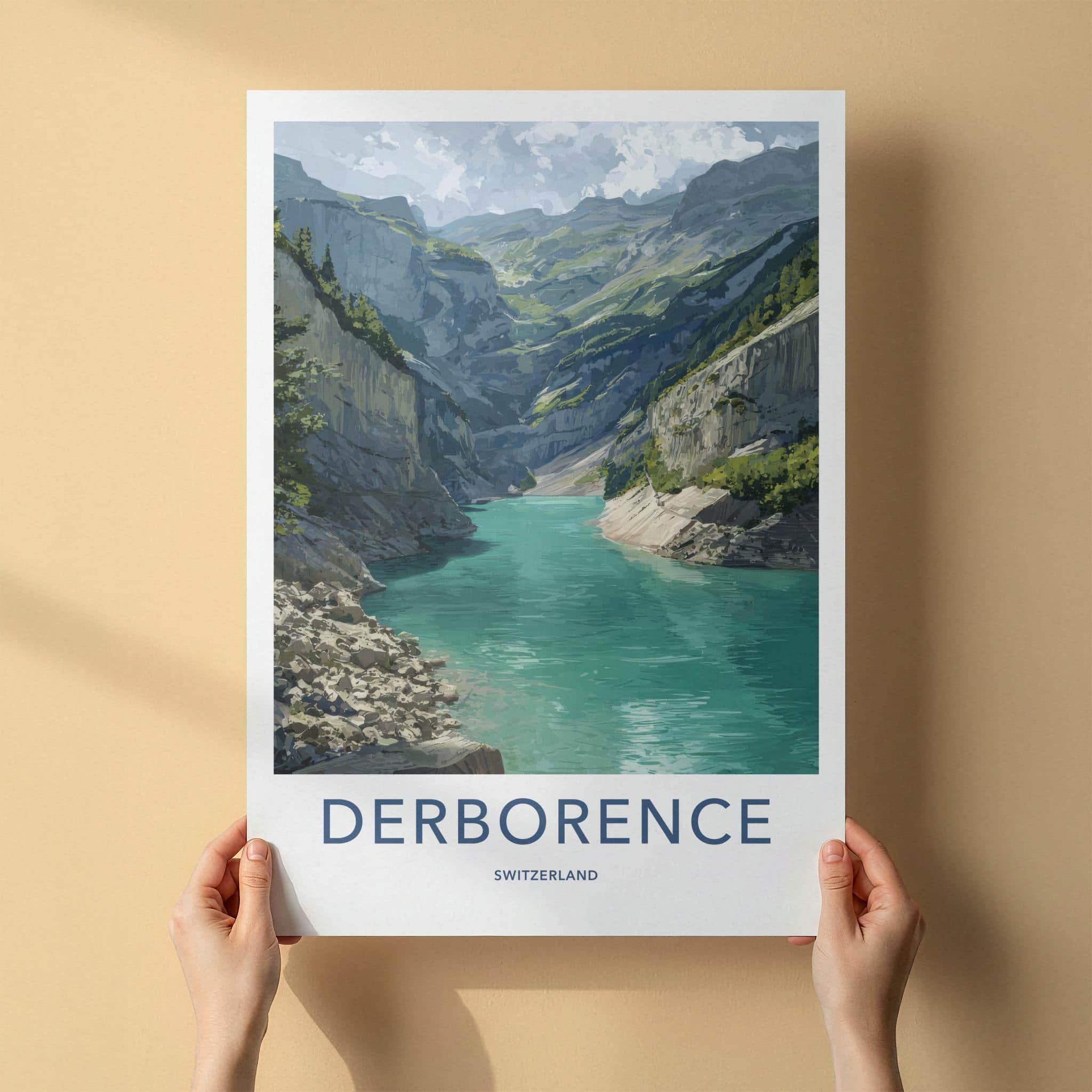DERBORENCE Poster - Switzerland Scenic Art - Mountainous Valley River Wall Decor