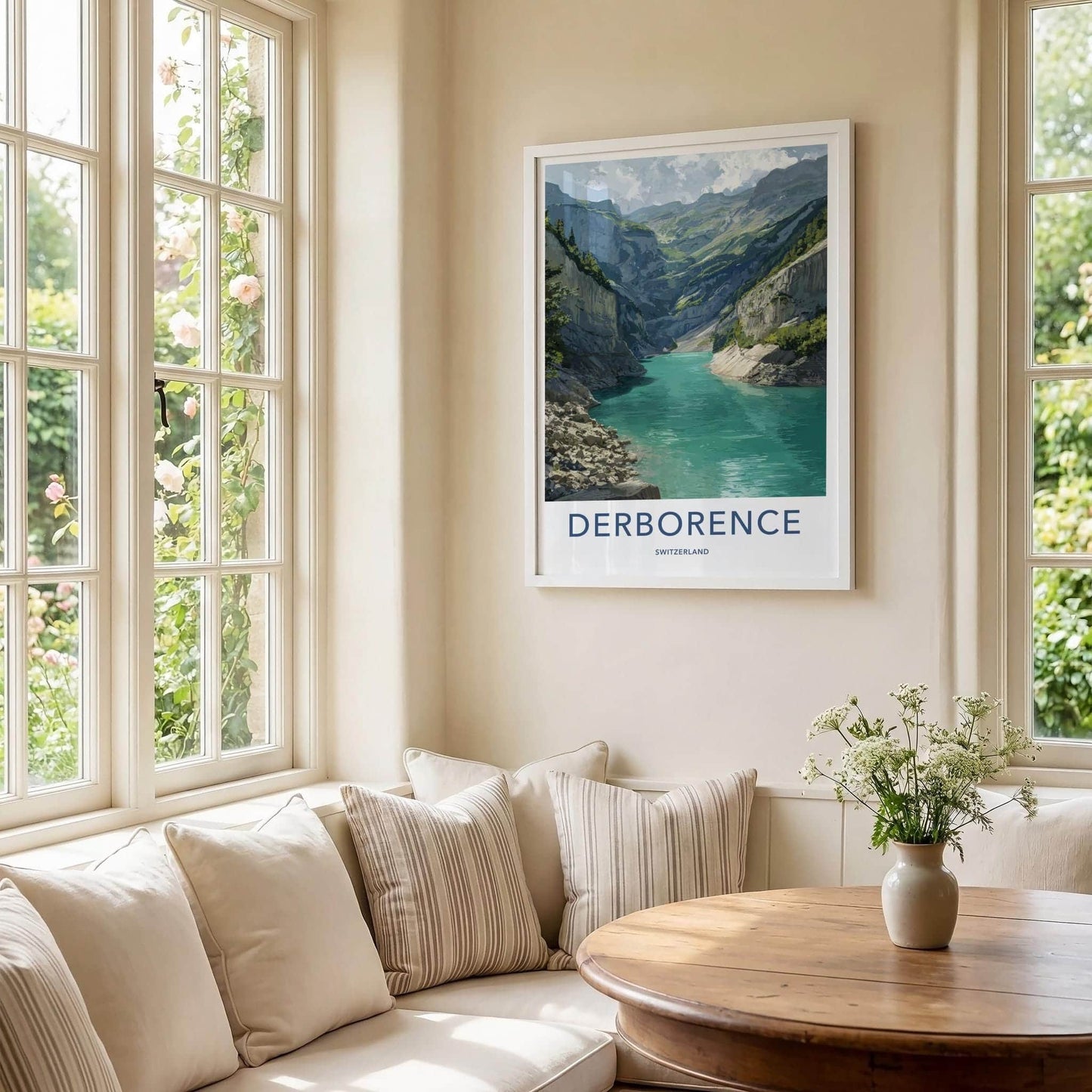 DERBORENCE Poster - Switzerland Scenic Art - Mountainous Valley River Wall Decor