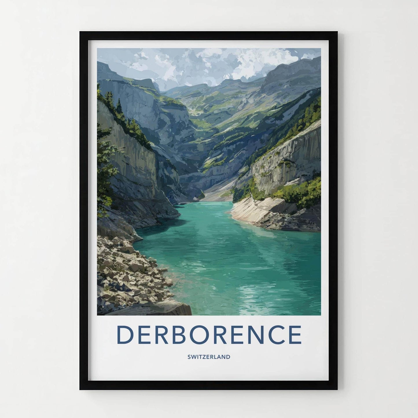 DERBORENCE Poster - Switzerland Scenic Art - Mountainous Valley River Wall Decor