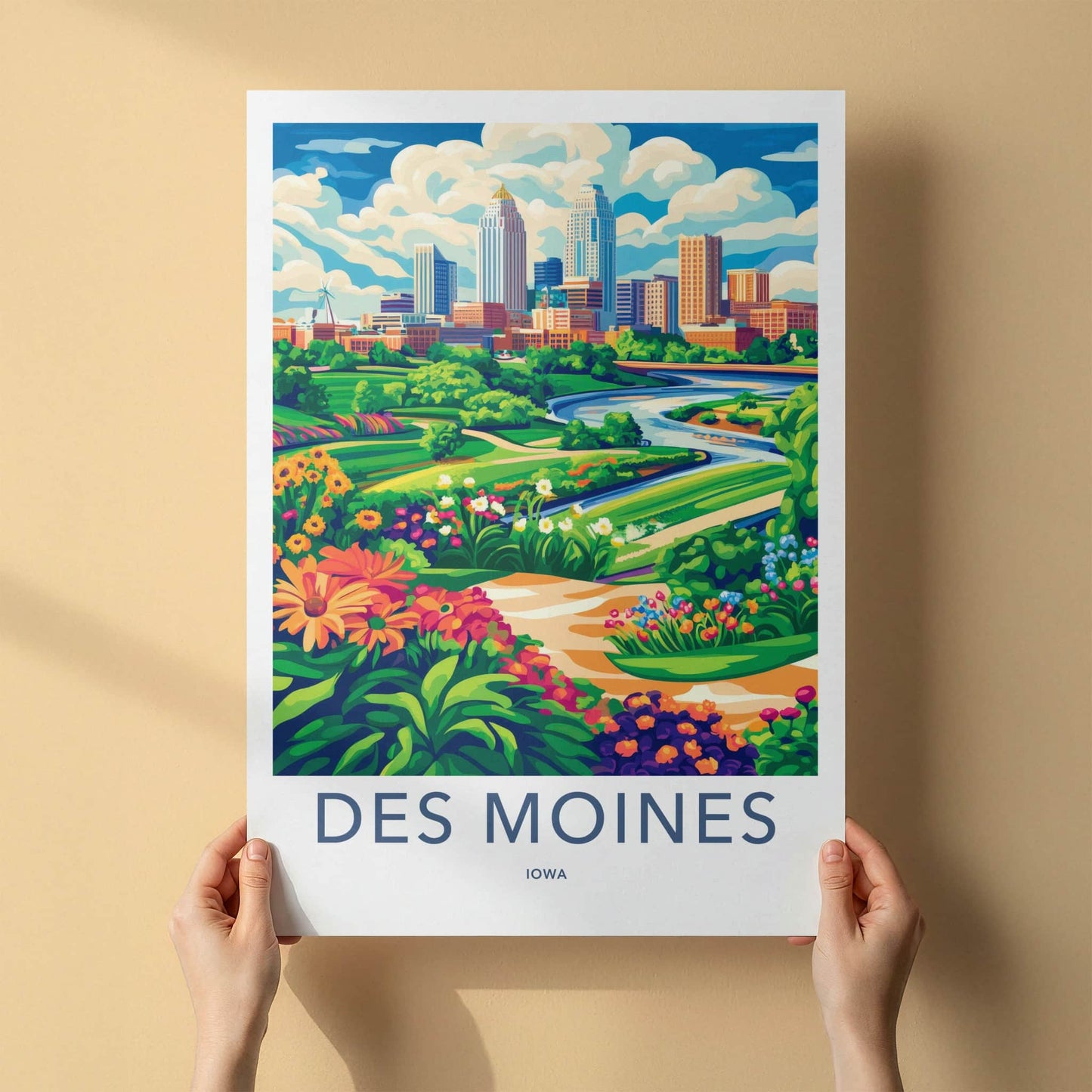 Des Moines Poster - Iowa Travel Art - Colorful Riverfront Park Home Decor