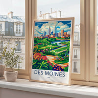 Des Moines Poster - Iowa Travel Art - Colorful Riverfront Park Home Decor