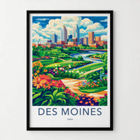 Des Moines Poster - Iowa Travel Art - Colorful Riverfront Park Home Decor