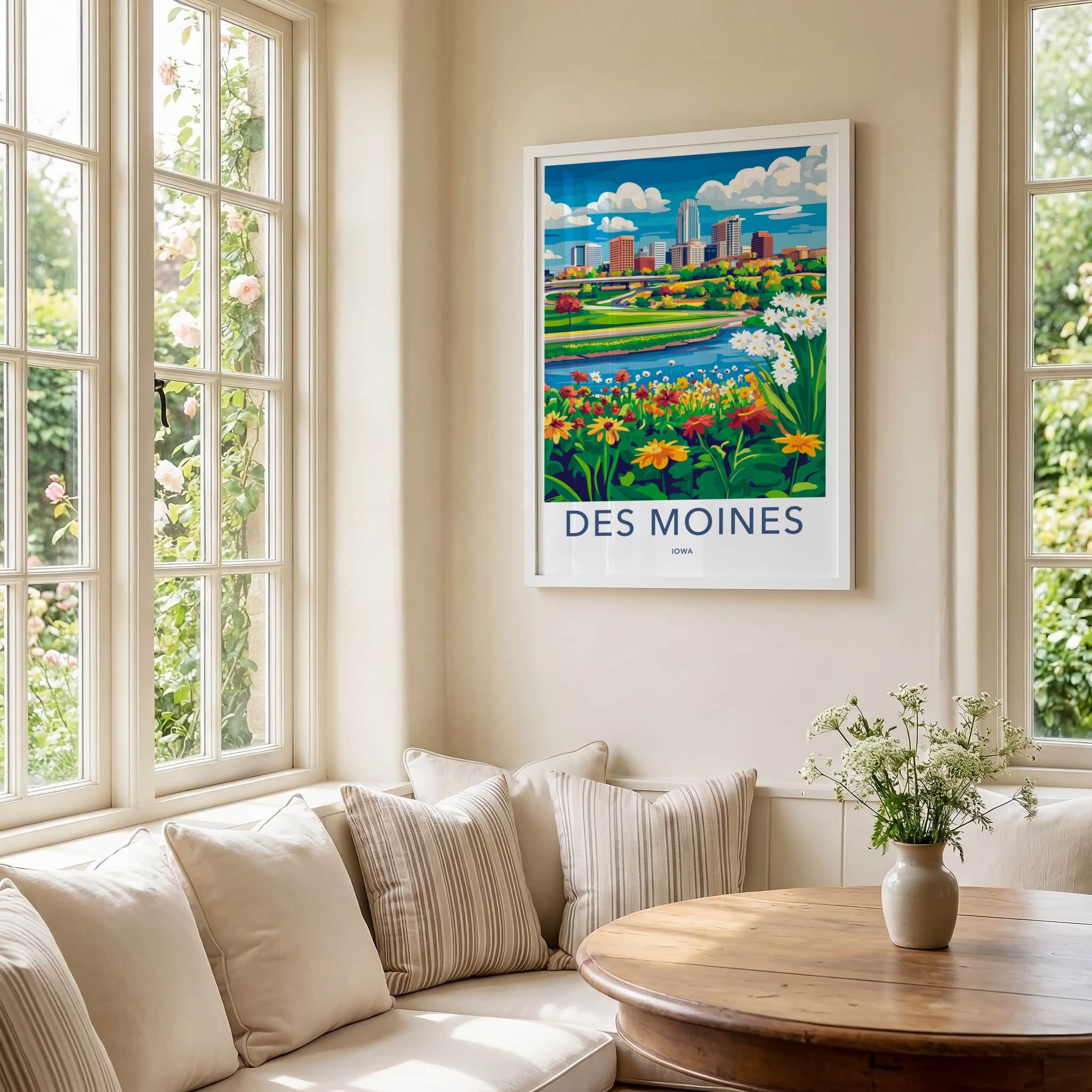 Des Moines Poster - Iowa Travel Art - Vibrant City River Home Decor