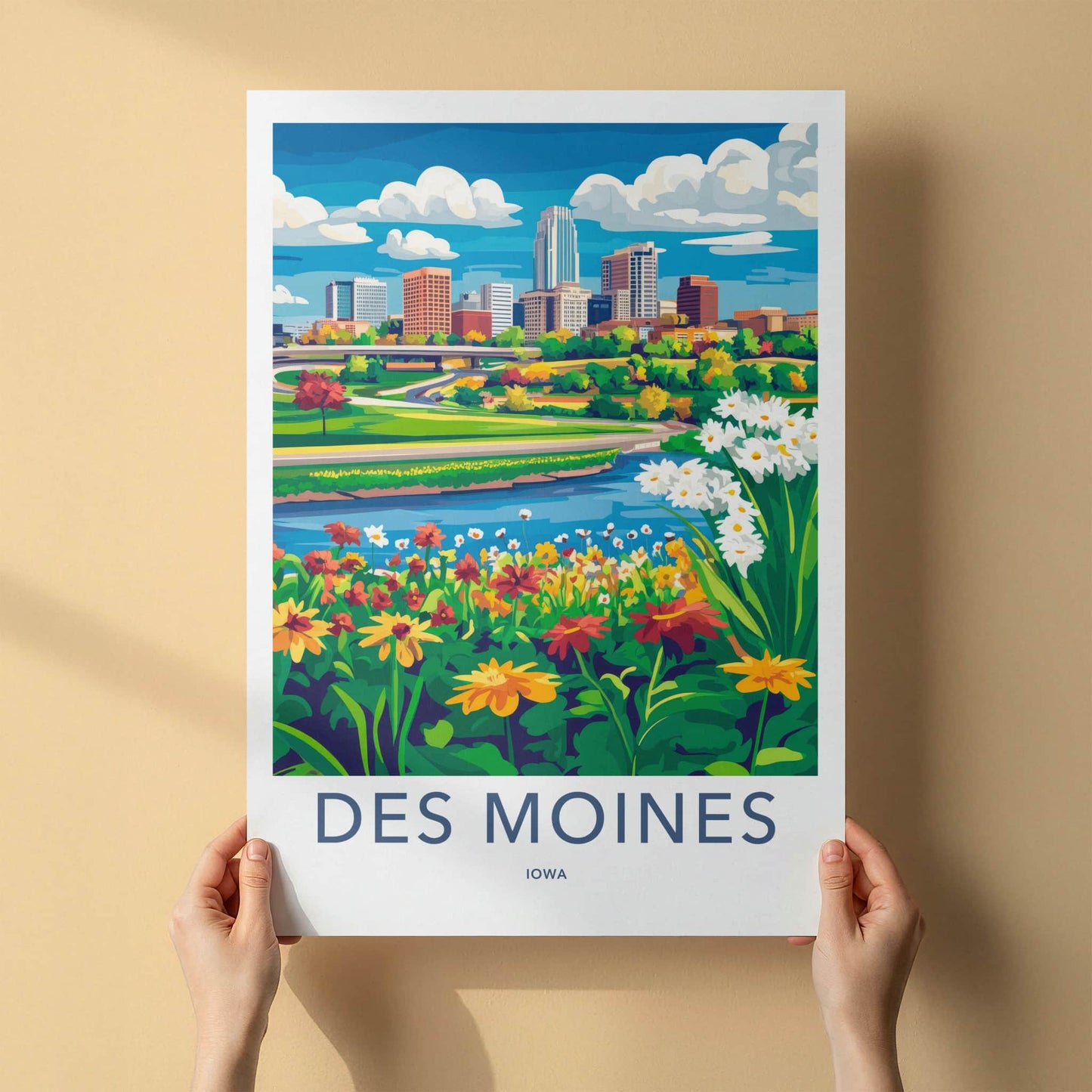 Des Moines Poster - Iowa Travel Art - Vibrant City River Home Decor