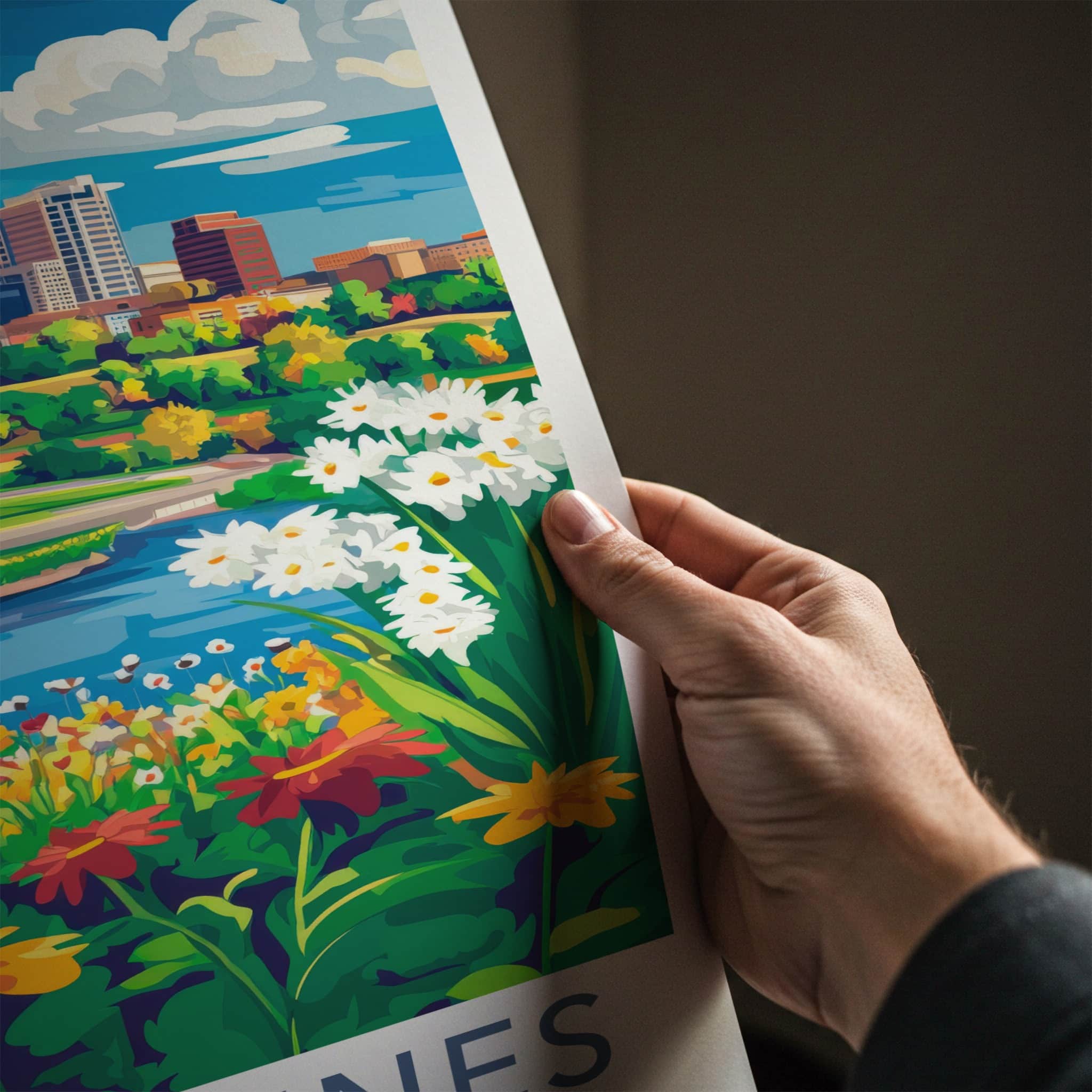 Des Moines Poster - Iowa Travel Art - Vibrant City River Home Decor