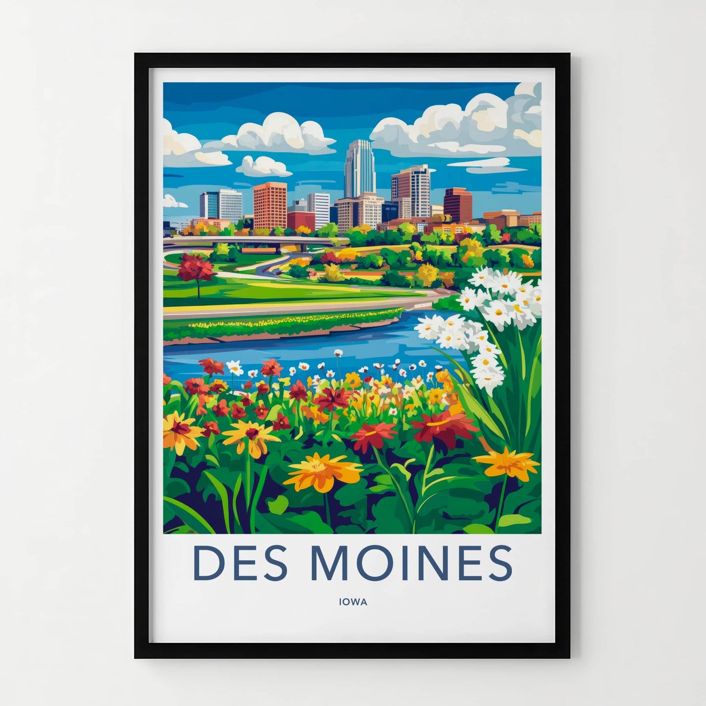 Des Moines Poster - Iowa Travel Art - Vibrant City River Home Decor