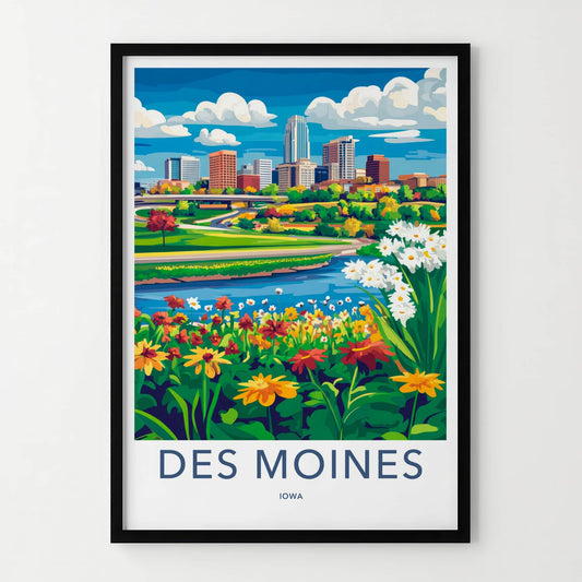 Des Moines Poster - Iowa Travel Art - Vibrant City River Home Decor