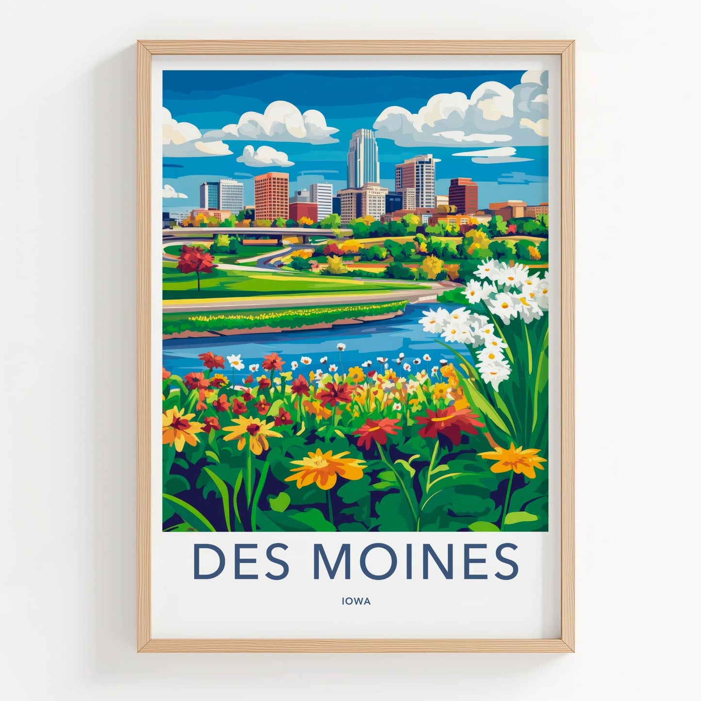 Des Moines Poster - Iowa Travel Art - Vibrant City River Home Decor