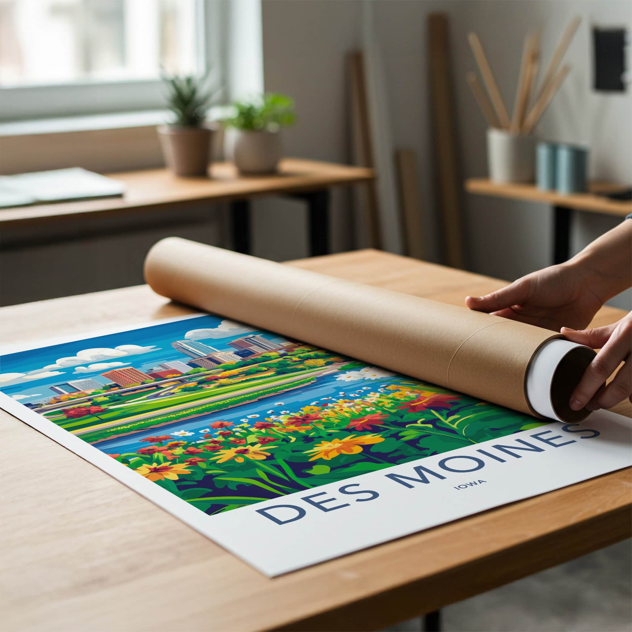 Des Moines Poster - Iowa Travel Art - Vibrant City River Home Decor