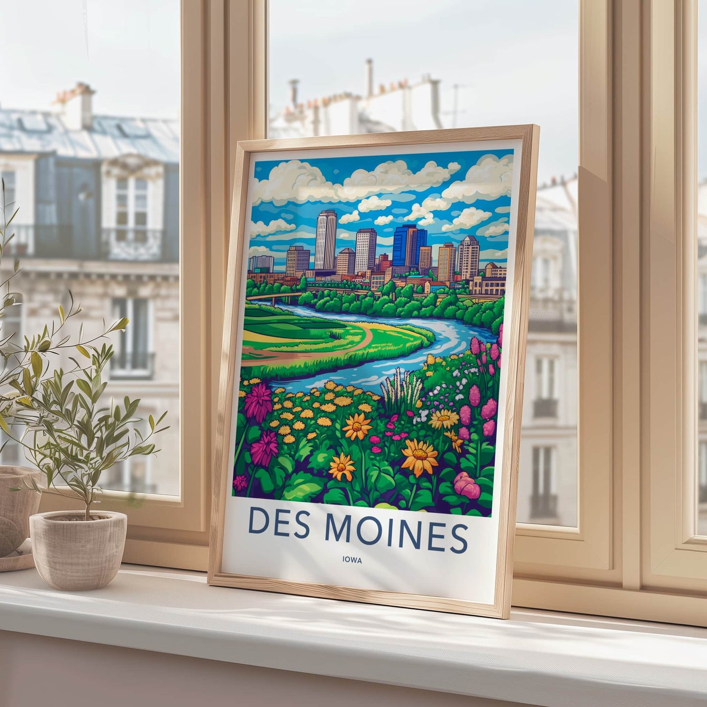 Des Moines Poster - Iowa Travel Print - River City Flowers Framed Decor