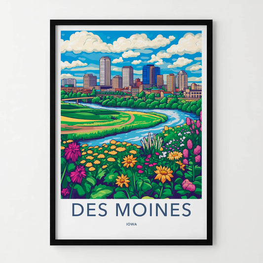 Des Moines Poster - Iowa Travel Print - River City Flowers Framed Decor
