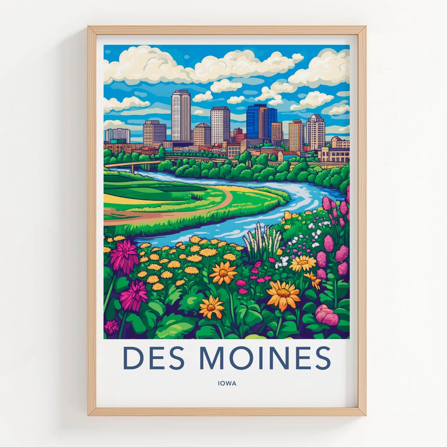 Des Moines Poster - Iowa Travel Print - River City Flowers Framed Decor