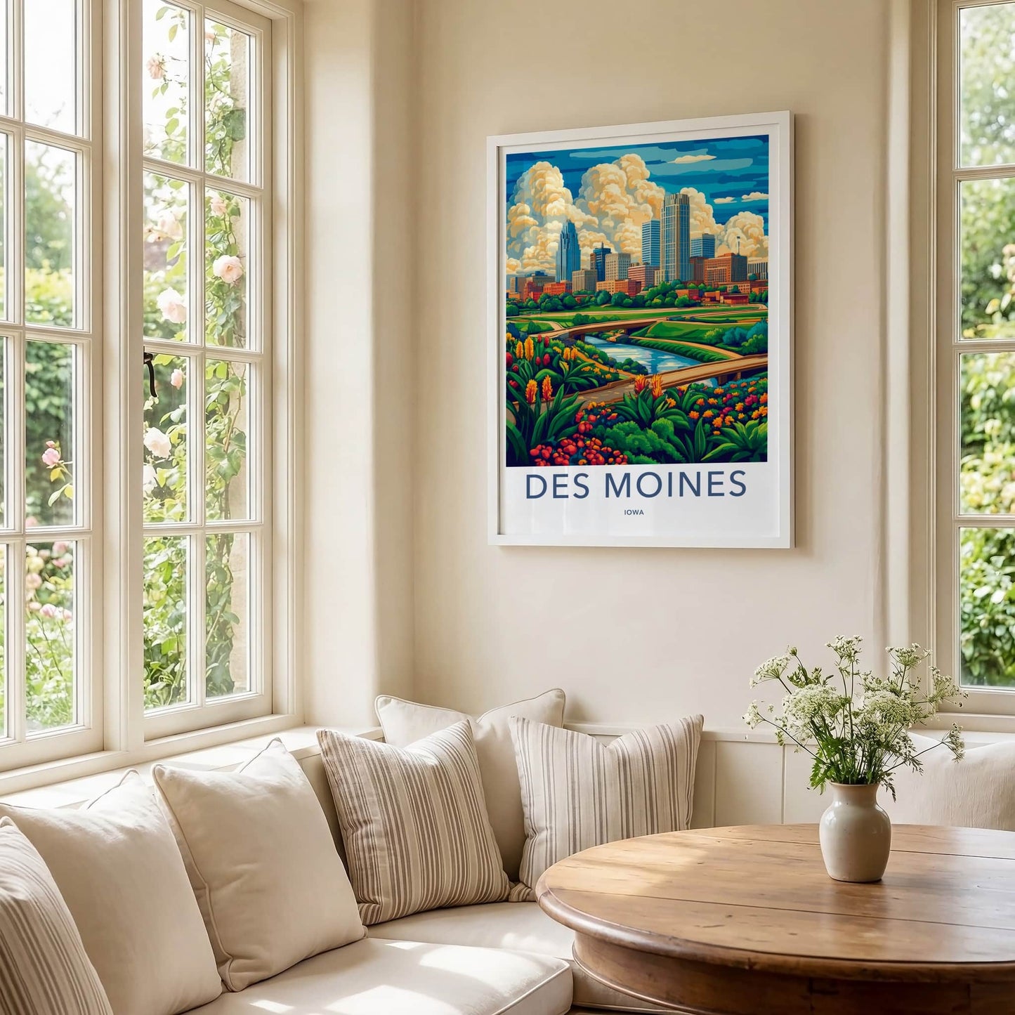 Des Moines Poster - Iowa Wall Art - Vibrant Cityscape River Home Decor