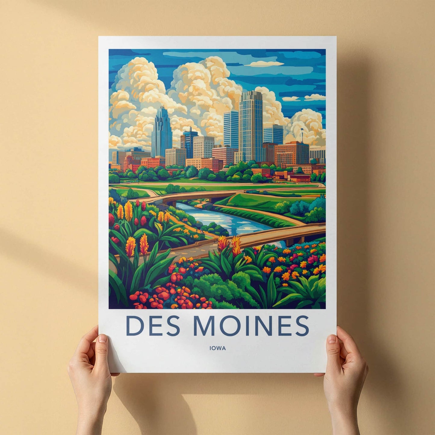 Des Moines Poster - Iowa Wall Art - Vibrant Cityscape River Home Decor