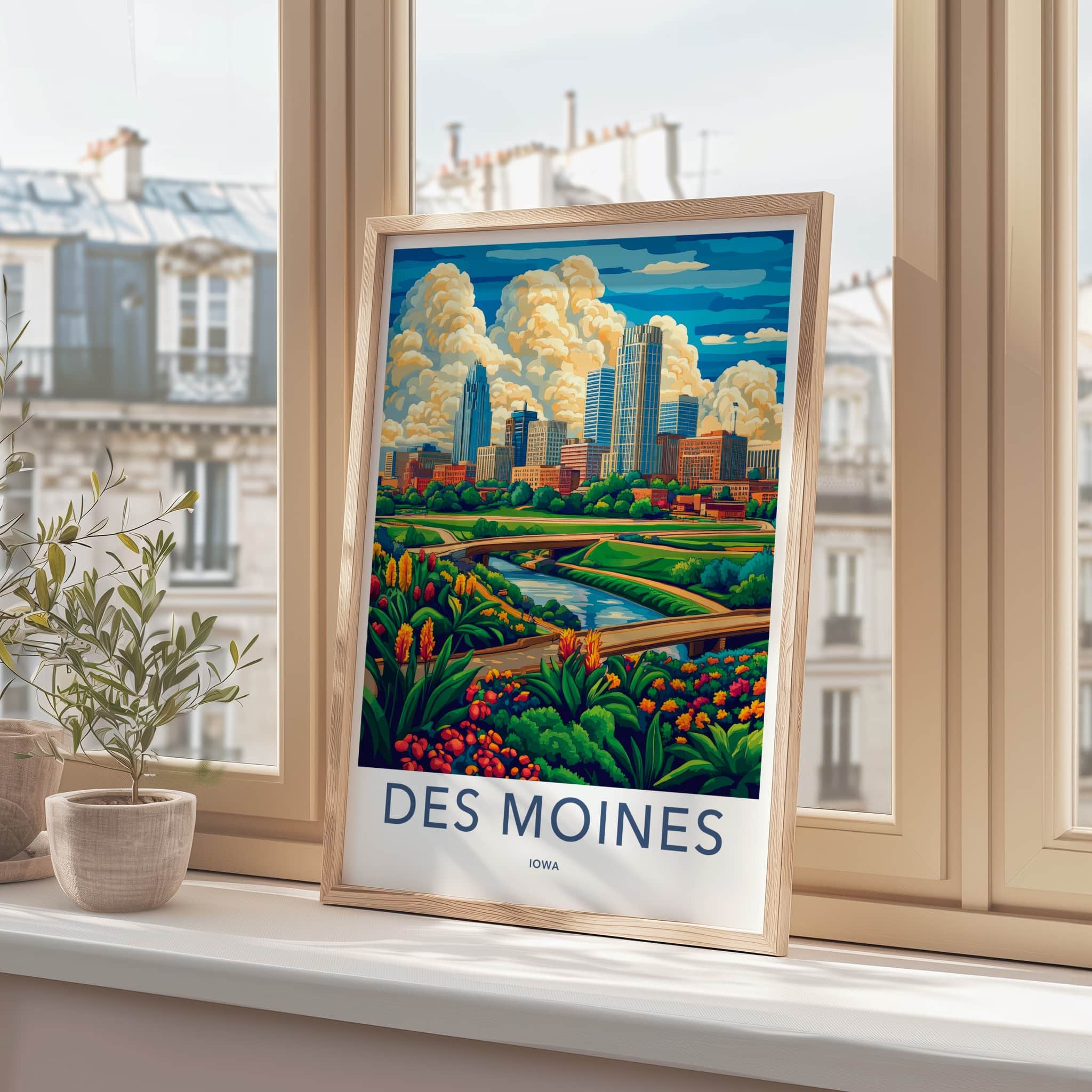 Des Moines Poster - Iowa Wall Art - Vibrant Cityscape River Home Decor