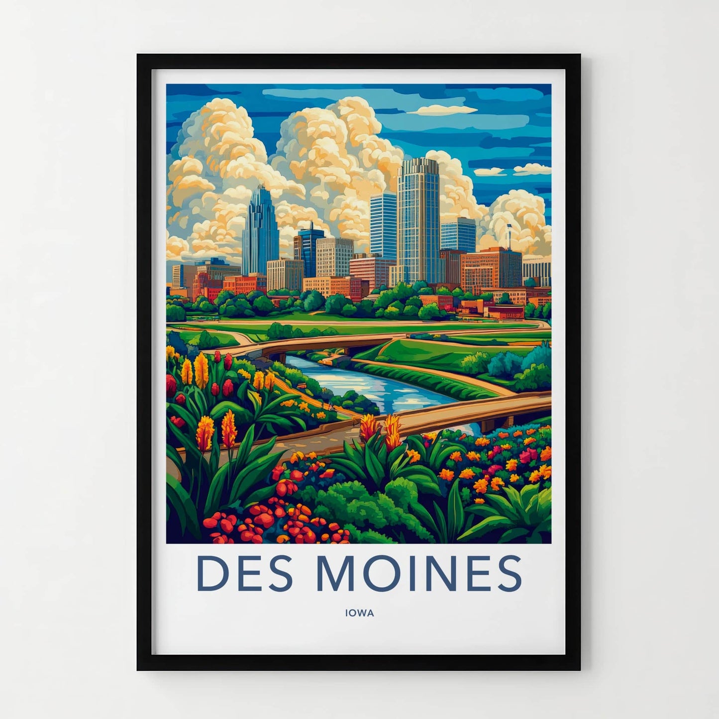 Des Moines Poster - Iowa Wall Art - Vibrant Cityscape River Home Decor