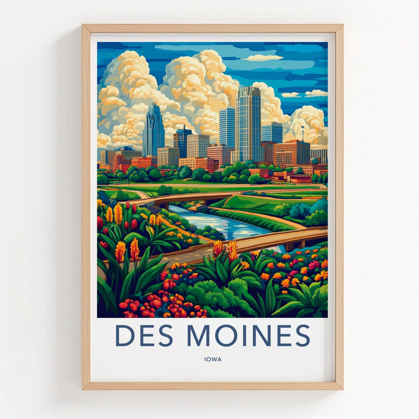 Des Moines Poster - Iowa Wall Art - Vibrant Cityscape River Home Decor