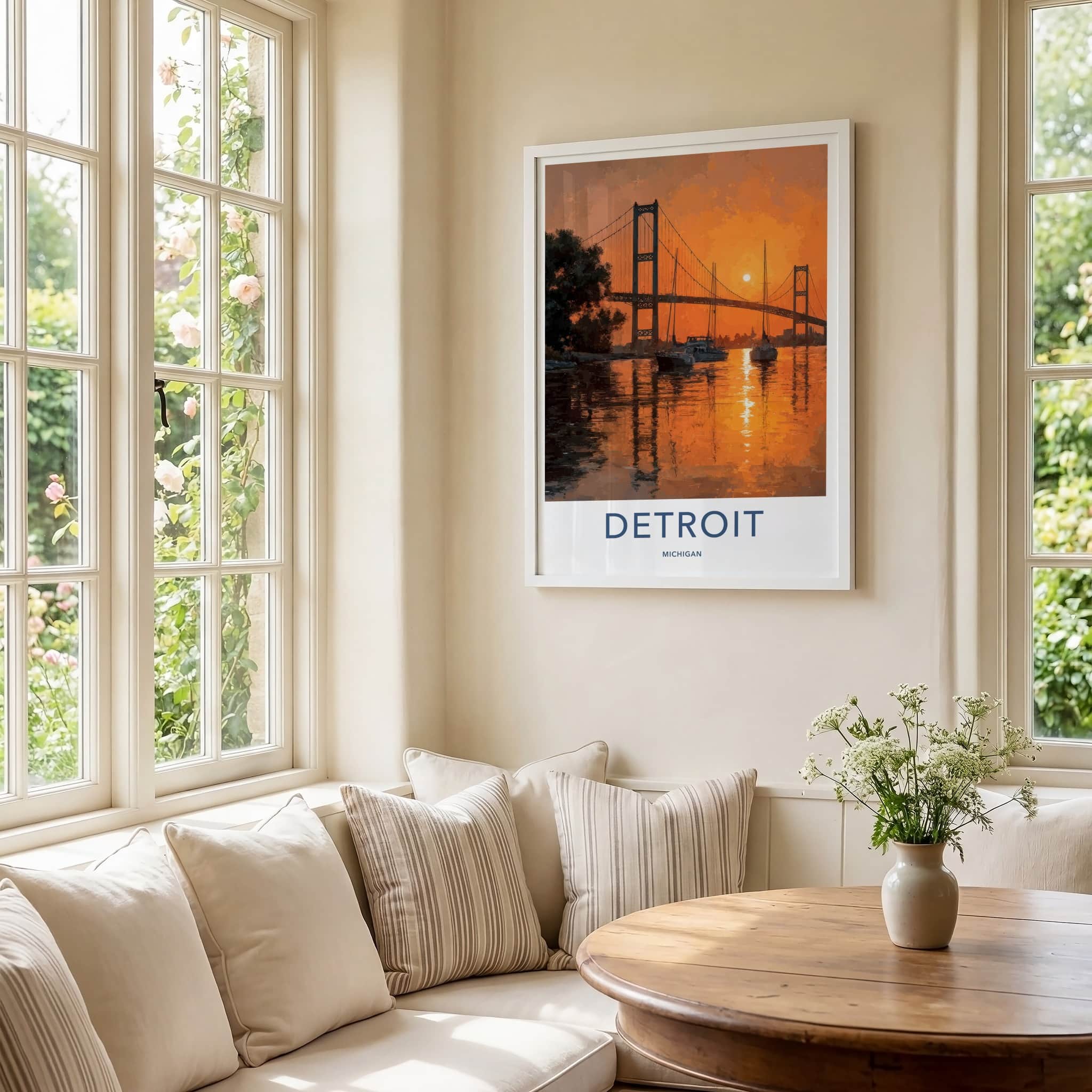 Detroit Poster - Michigan Travel Art - Bridge River Sunset Home Decor